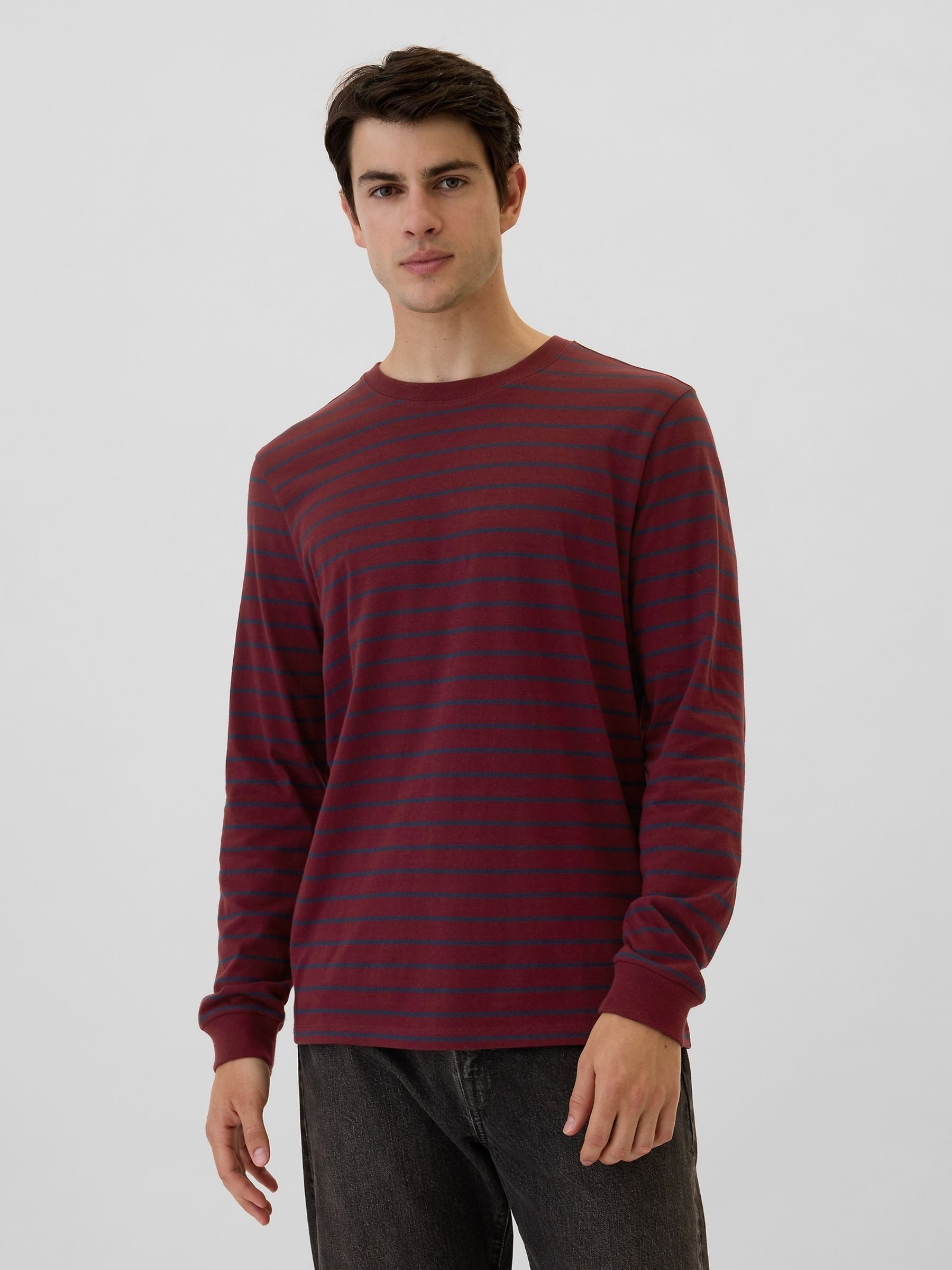 Burgundy Red Stripe Everyday 100% Cotton Stripe Crew Neck Long Sleeve T-Shirt - Image 1 of 4