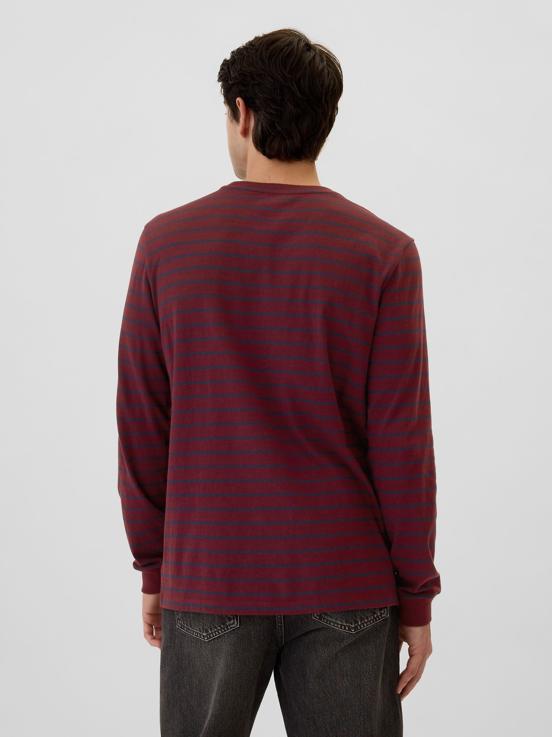 Burgundy Red Stripe Everyday 100% Cotton Stripe Crew Neck Long Sleeve T-Shirt - Image 2 of 4