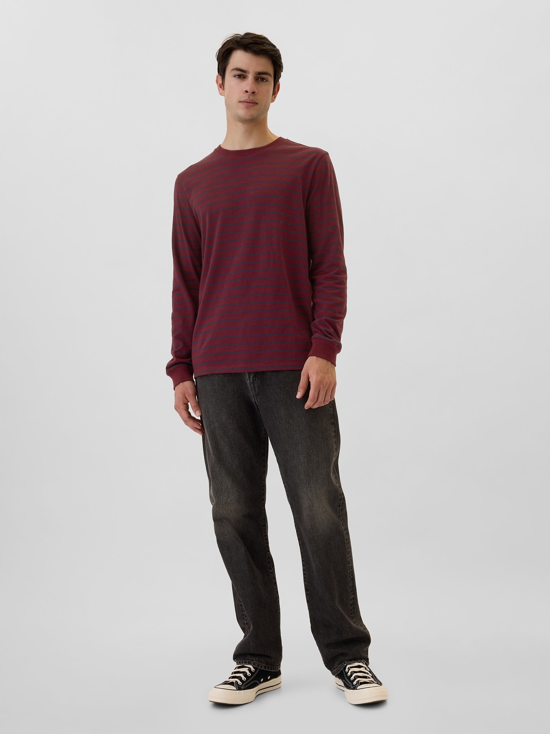 Burgundy Red Stripe Everyday 100% Cotton Stripe Crew Neck Long Sleeve T-Shirt - Image 3 of 4