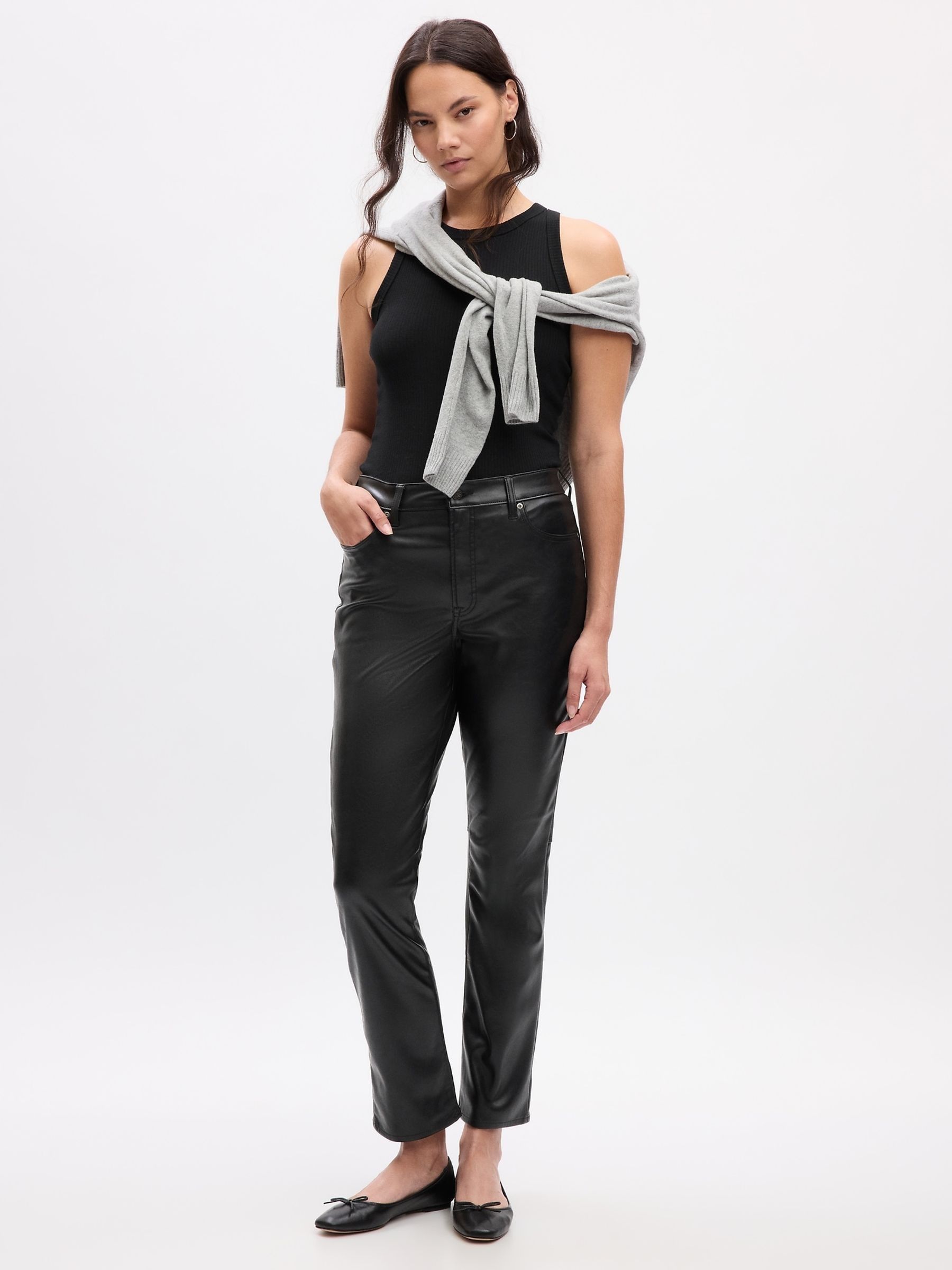 Black High Waisted Slim Fit Faux Leather Vintage Trousers Gap