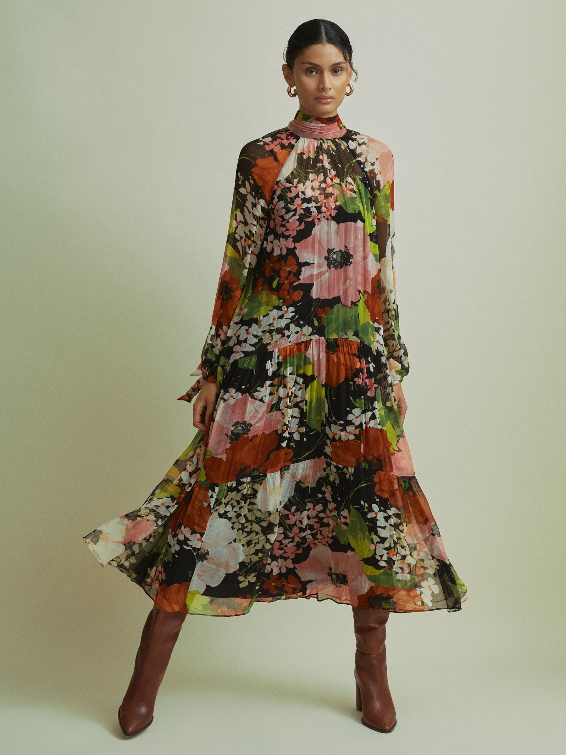 Florere Multi Tiered Tie Neck Midi Dress in Multi - Image 1 of 8
