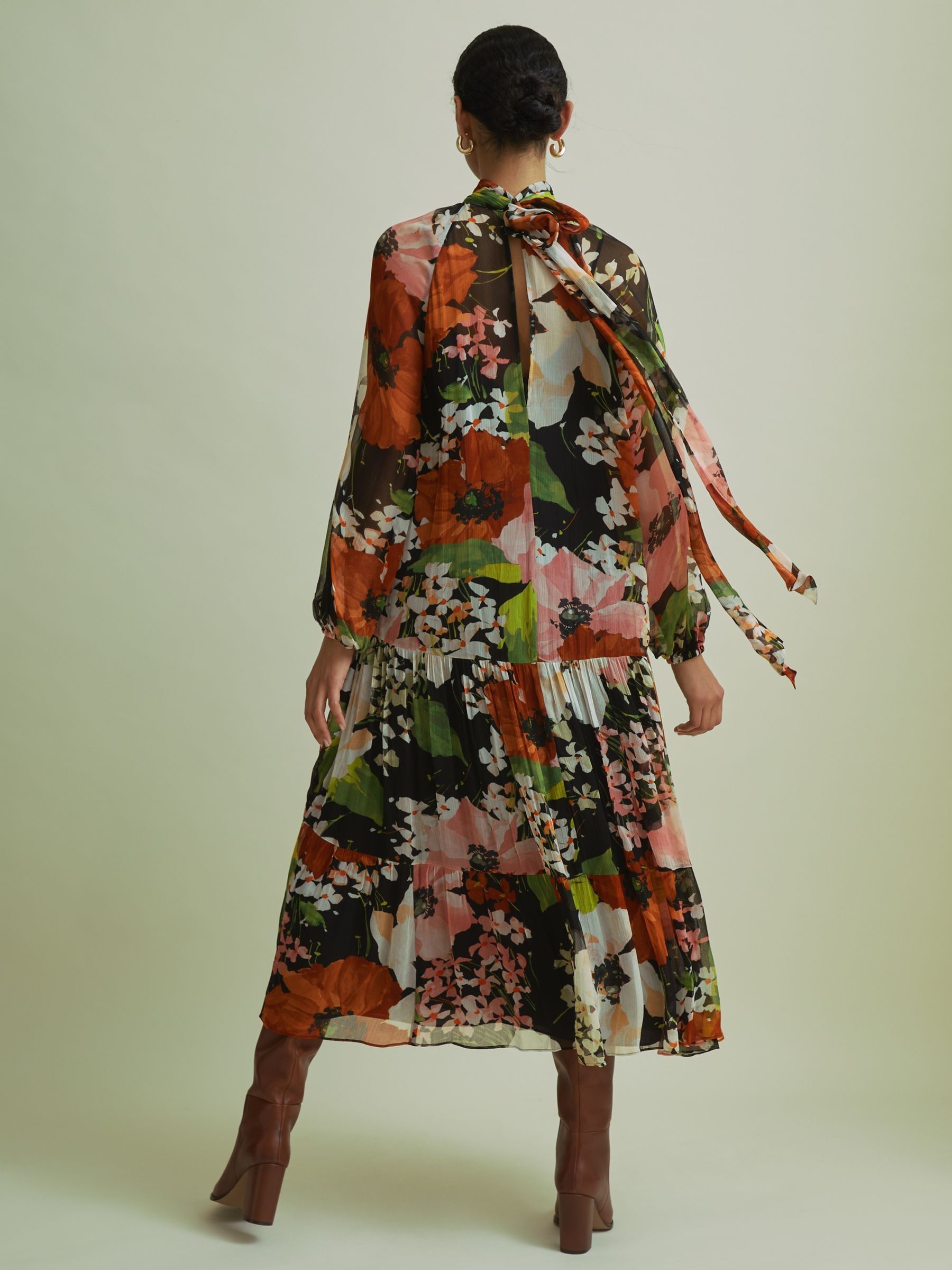Florere Multi Tiered Tie Neck Midi Dress in Multi - Image 4 of 8