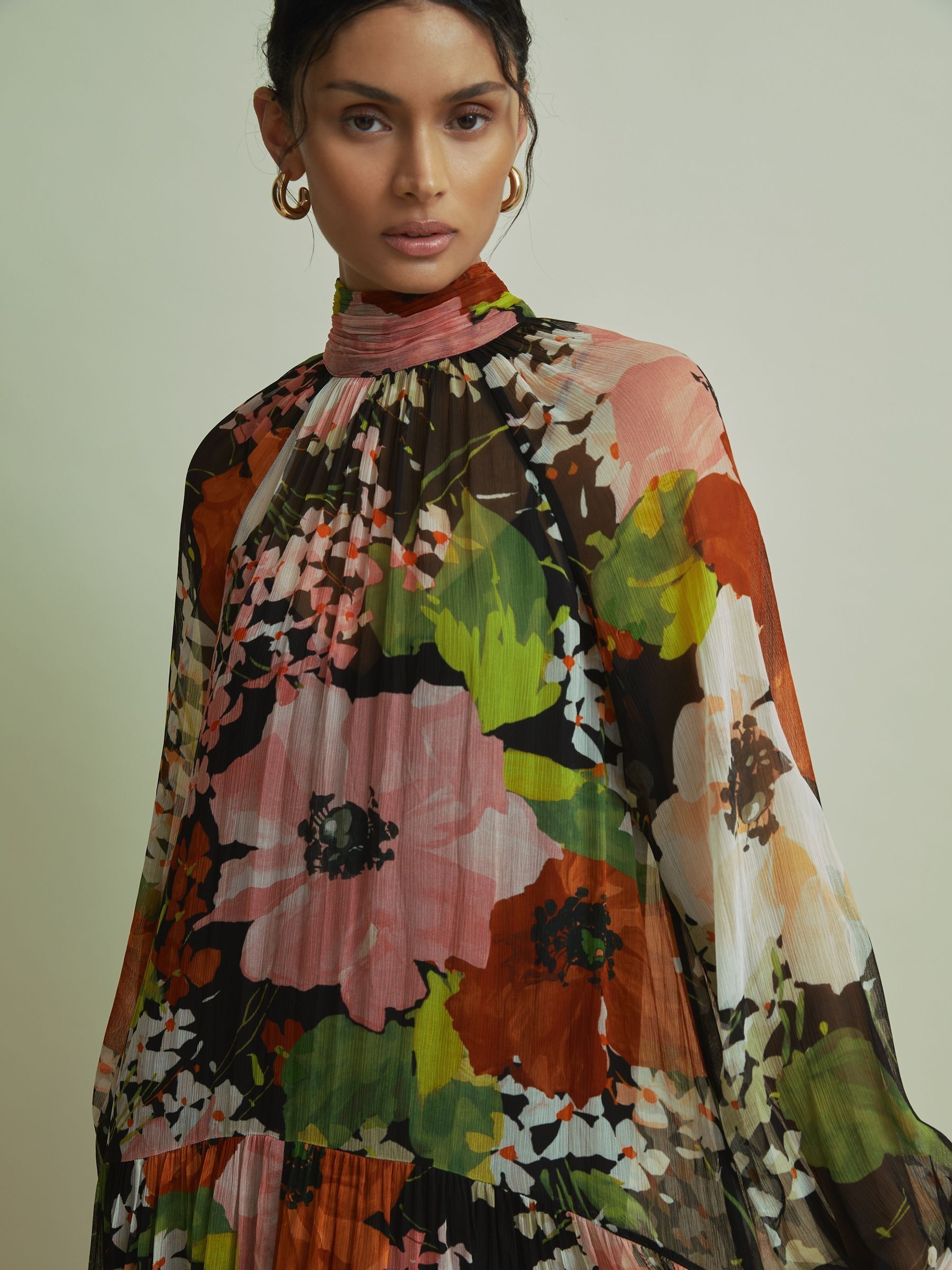 Florere Multi Tiered Tie Neck Midi Dress in Multi - Image 5 of 8