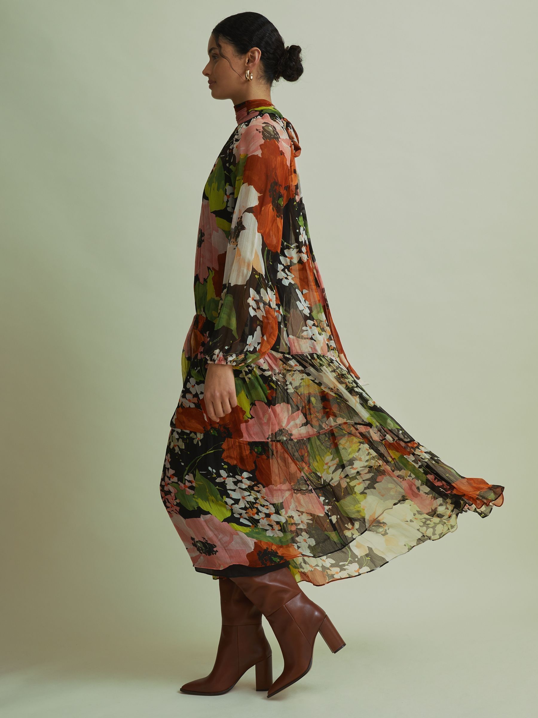 Florere Multi Tiered Tie Neck Midi Dress in Multi - Image 6 of 8