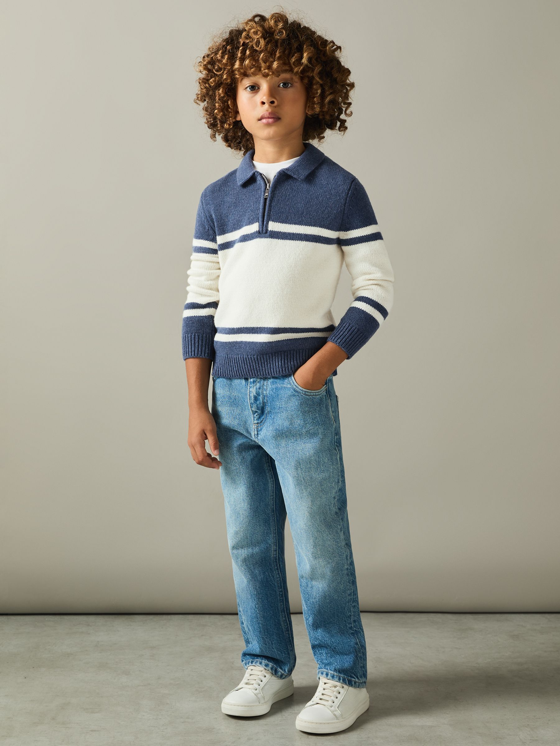 3-9 yrs Half-Zip Colour-Block Polo Shirt in Blue/White - Image 1 of 4