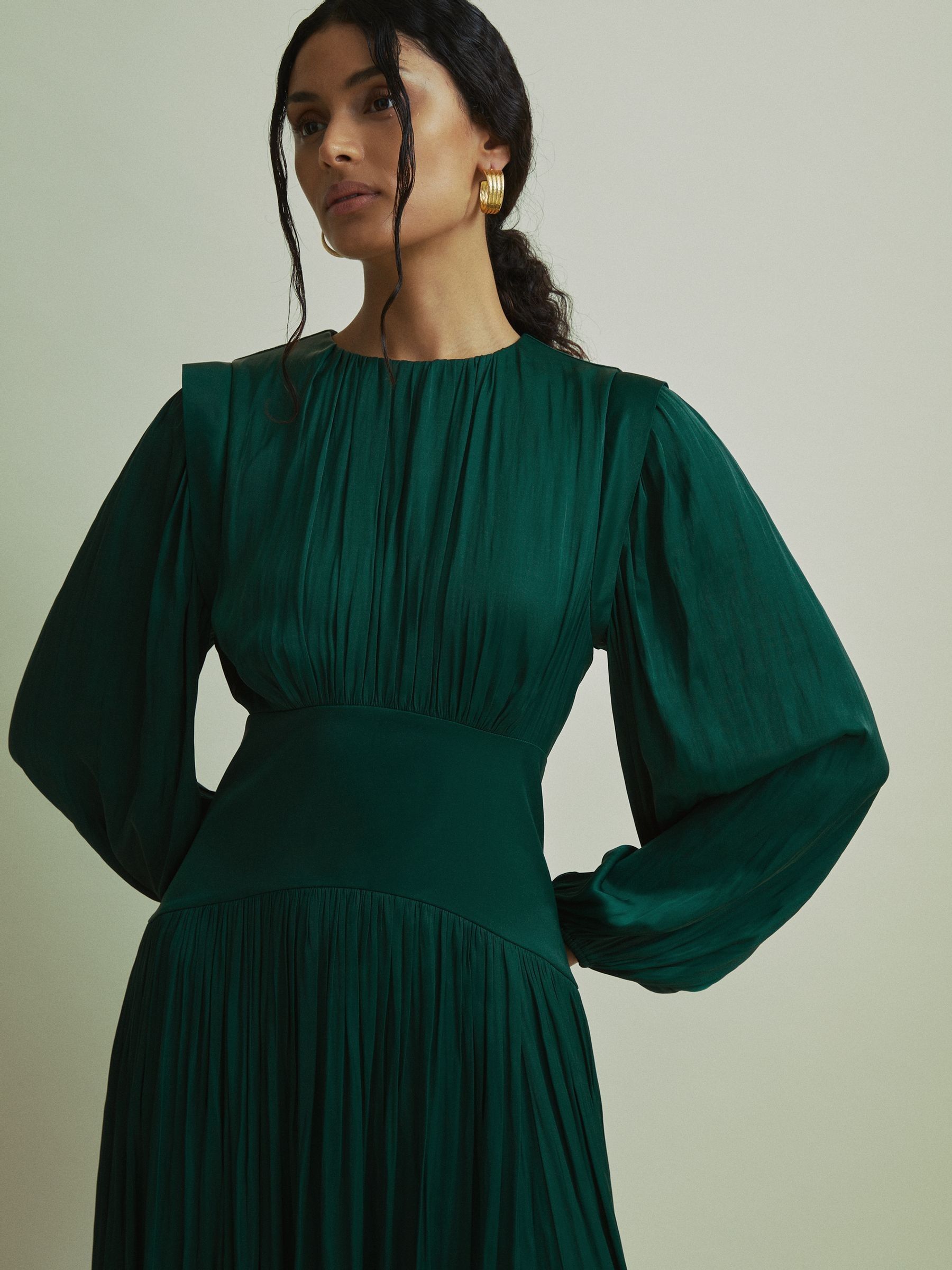 Florere Blouson Sleeve Midi Dress in Dark Green - Image 3 of 6