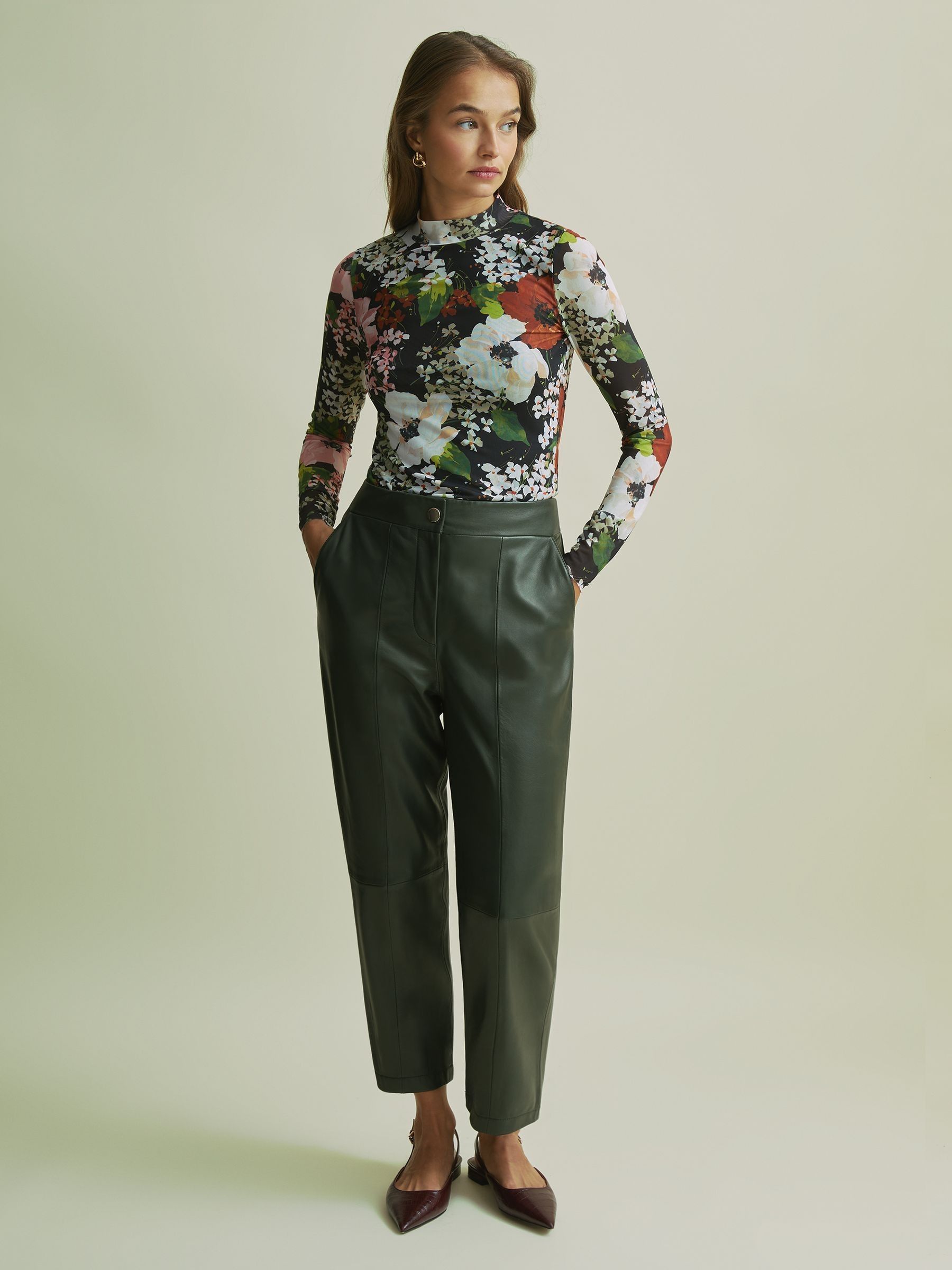 Florere Tapered Leather Trousers in Khaki - Image 1 of 6