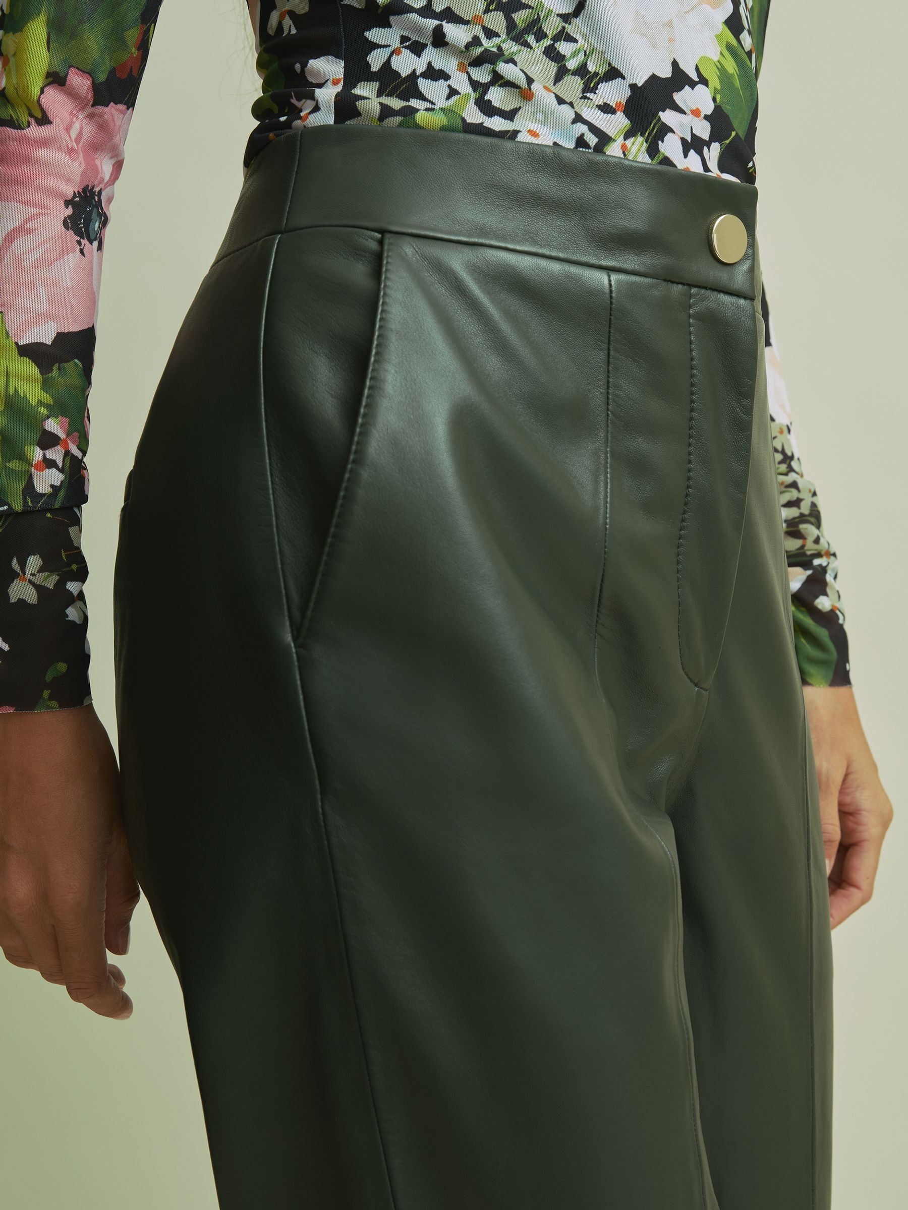 Florere Tapered Leather Trousers in Khaki - Image 3 of 6