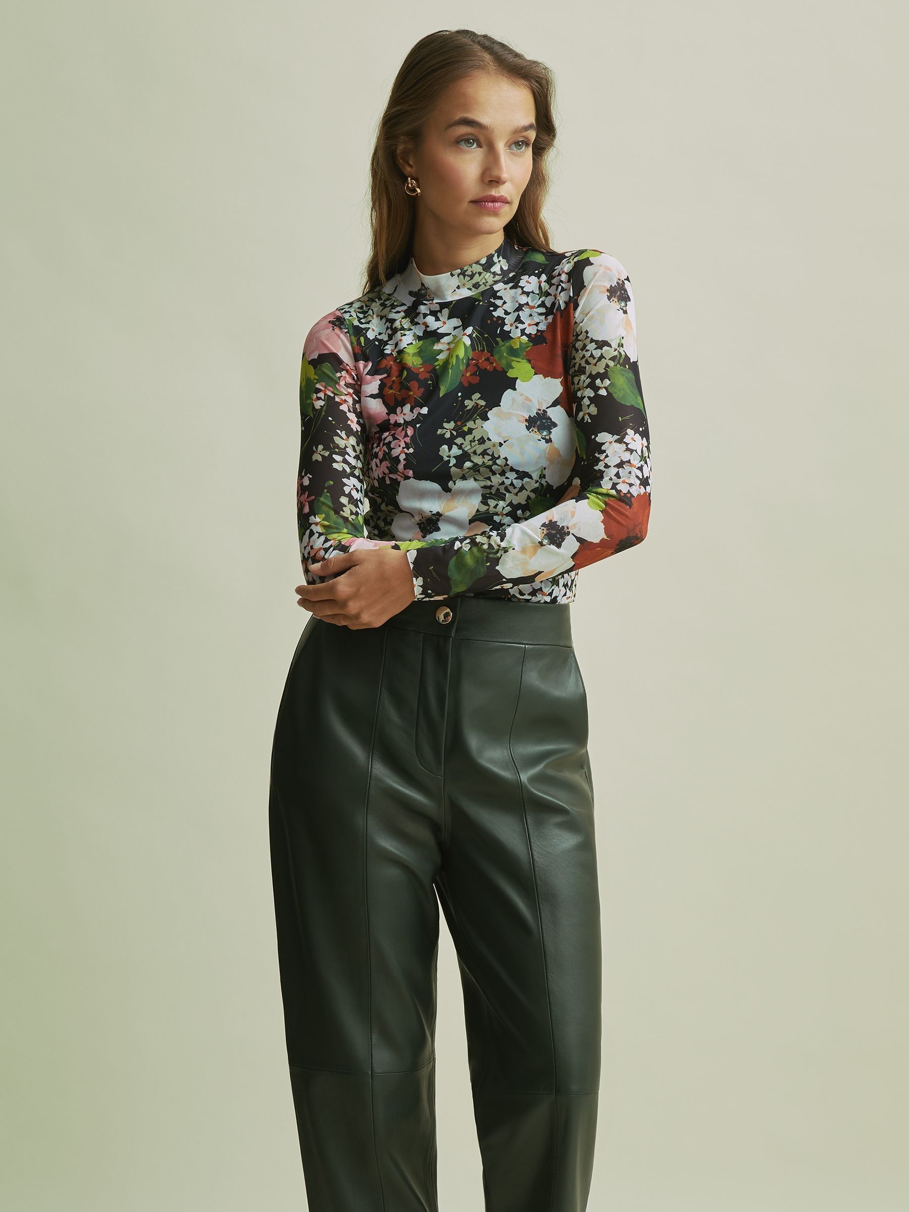 Florere Tapered Leather Trousers in Khaki - Image 5 of 6