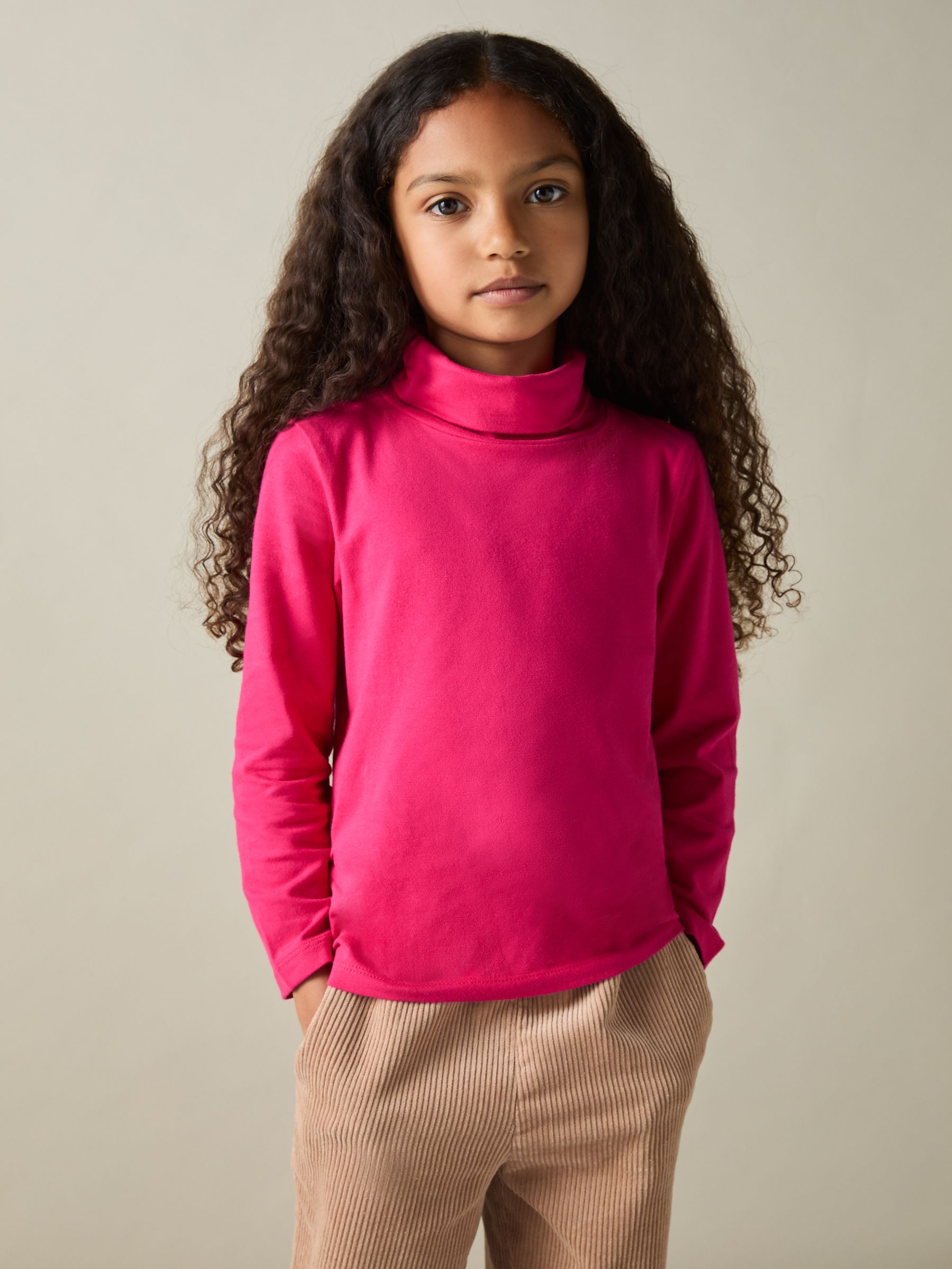 13-14 yrs Cotton-Jersey Roll-Neck Top with Stretch in Bright Pink - Image 2 of 4