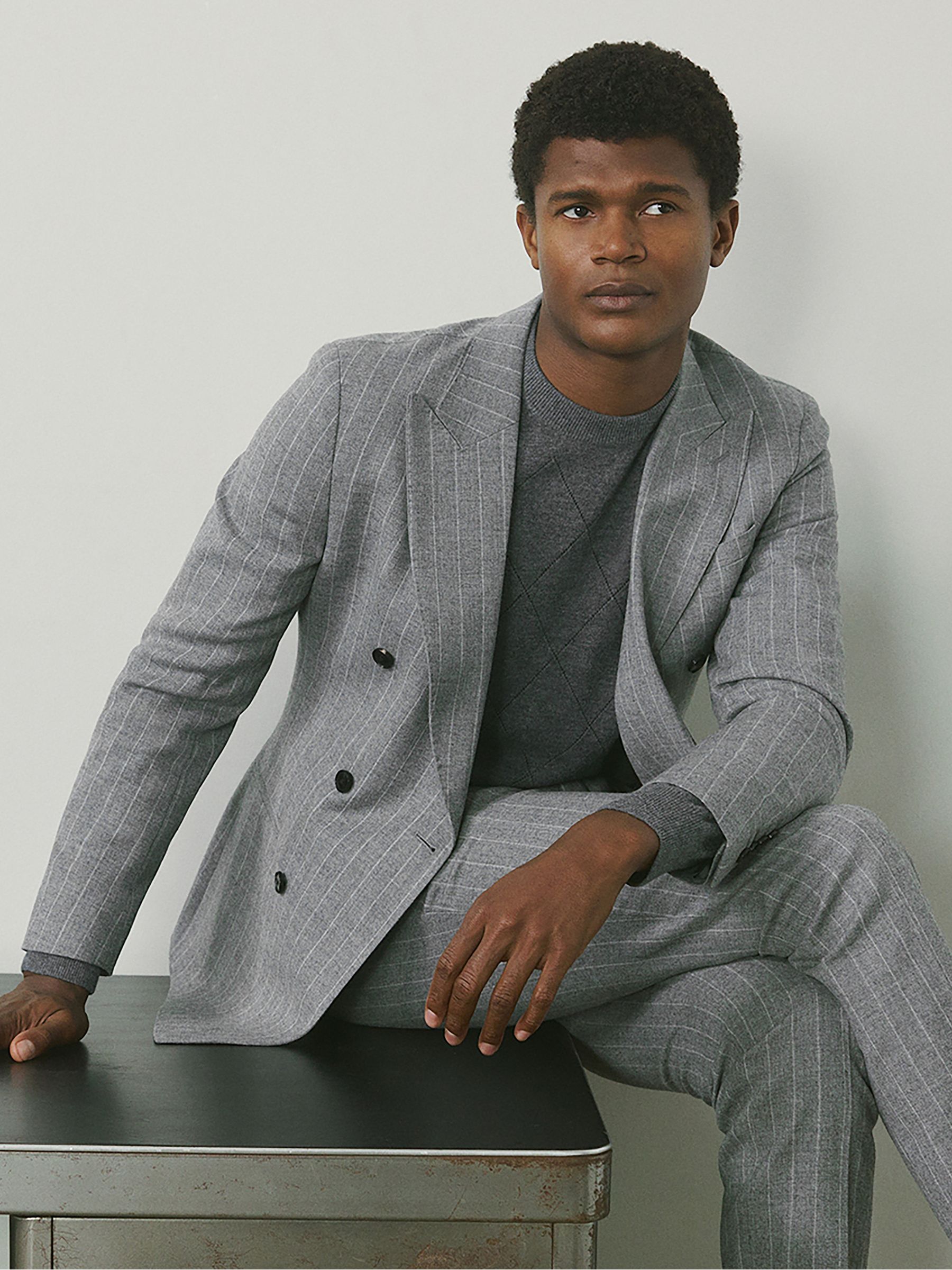 Double-Breasted Blazer in Wool-Blend Pinstripe in Soft Grey - Image 1 of 9