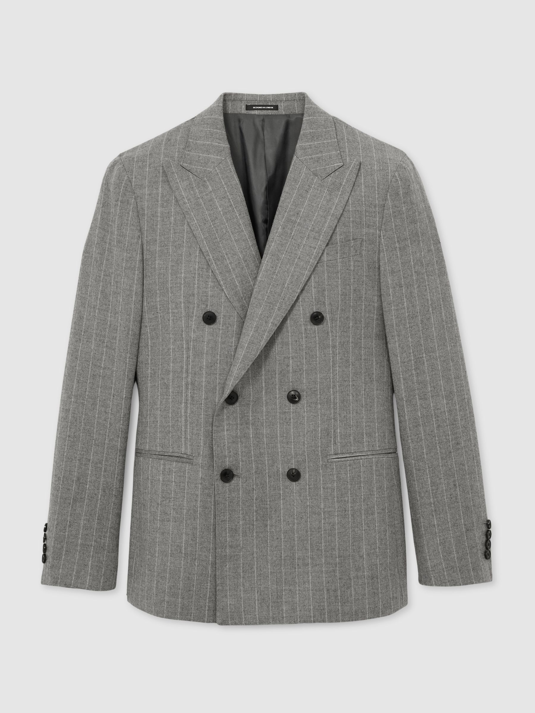 Double-Breasted Blazer in Wool-Blend Pinstripe in Soft Grey - Image 3 of 9