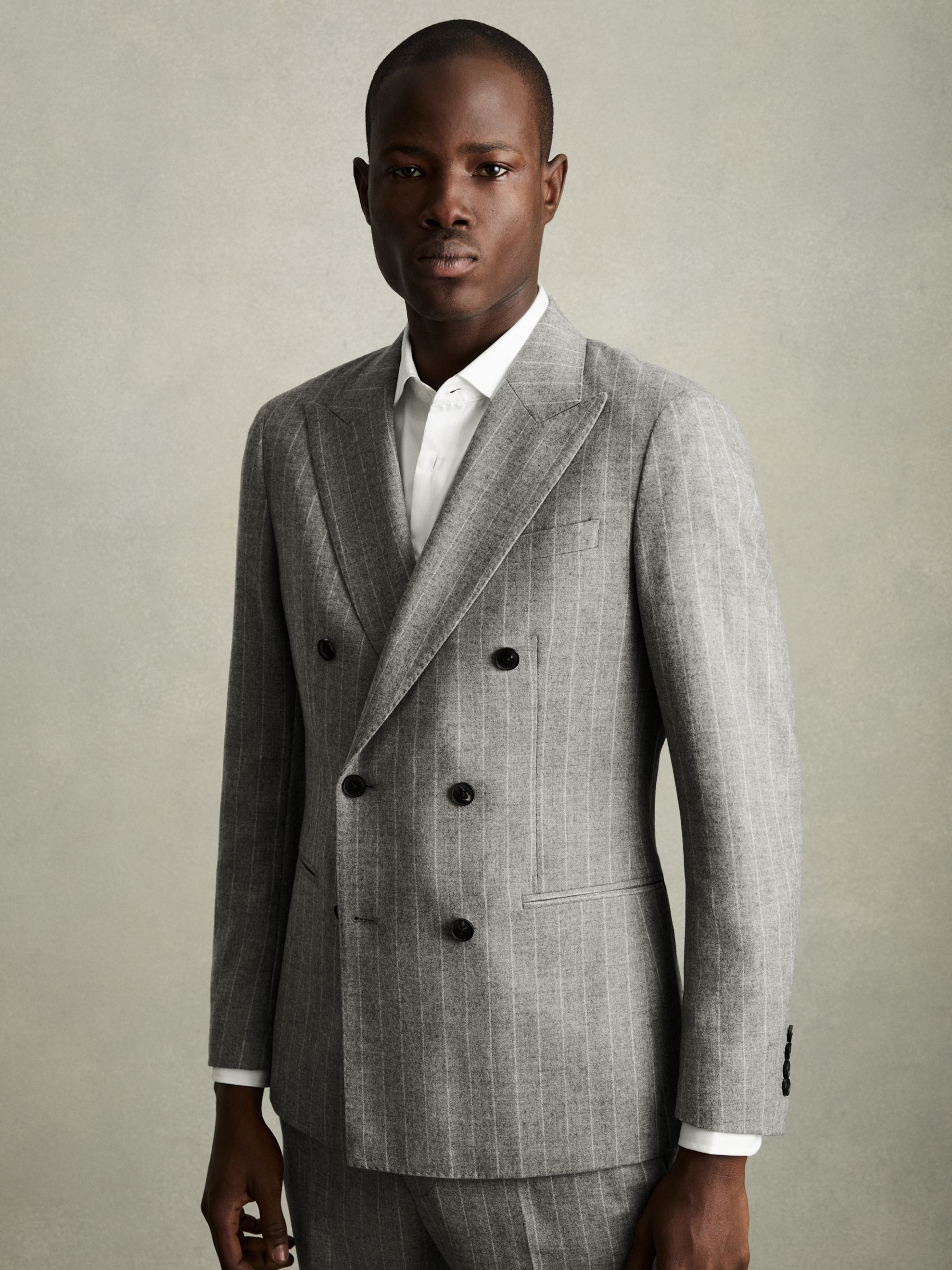 Double-Breasted Blazer in Wool-Blend Pinstripe in Soft Grey - Image 4 of 9