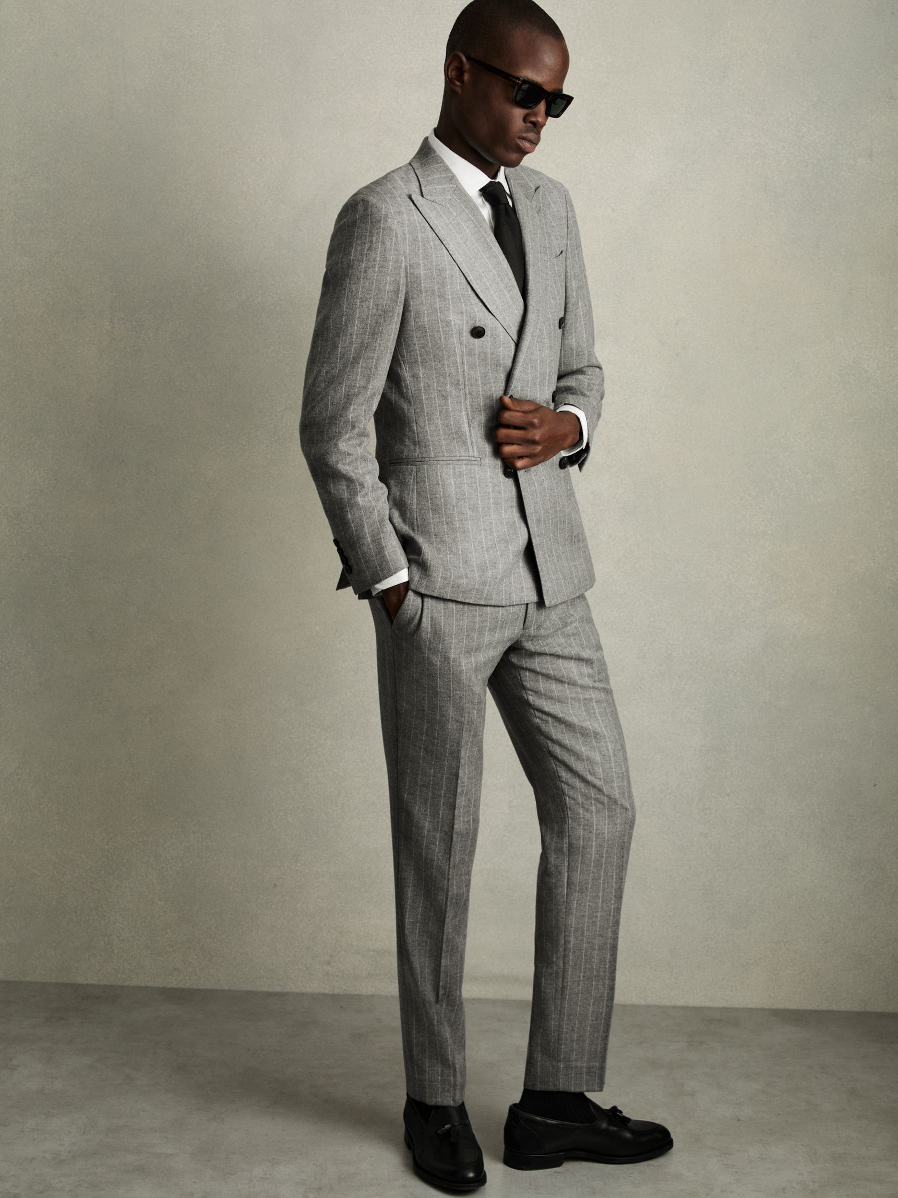 Double-Breasted Blazer in Wool-Blend Pinstripe in Soft Grey - Image 6 of 9
