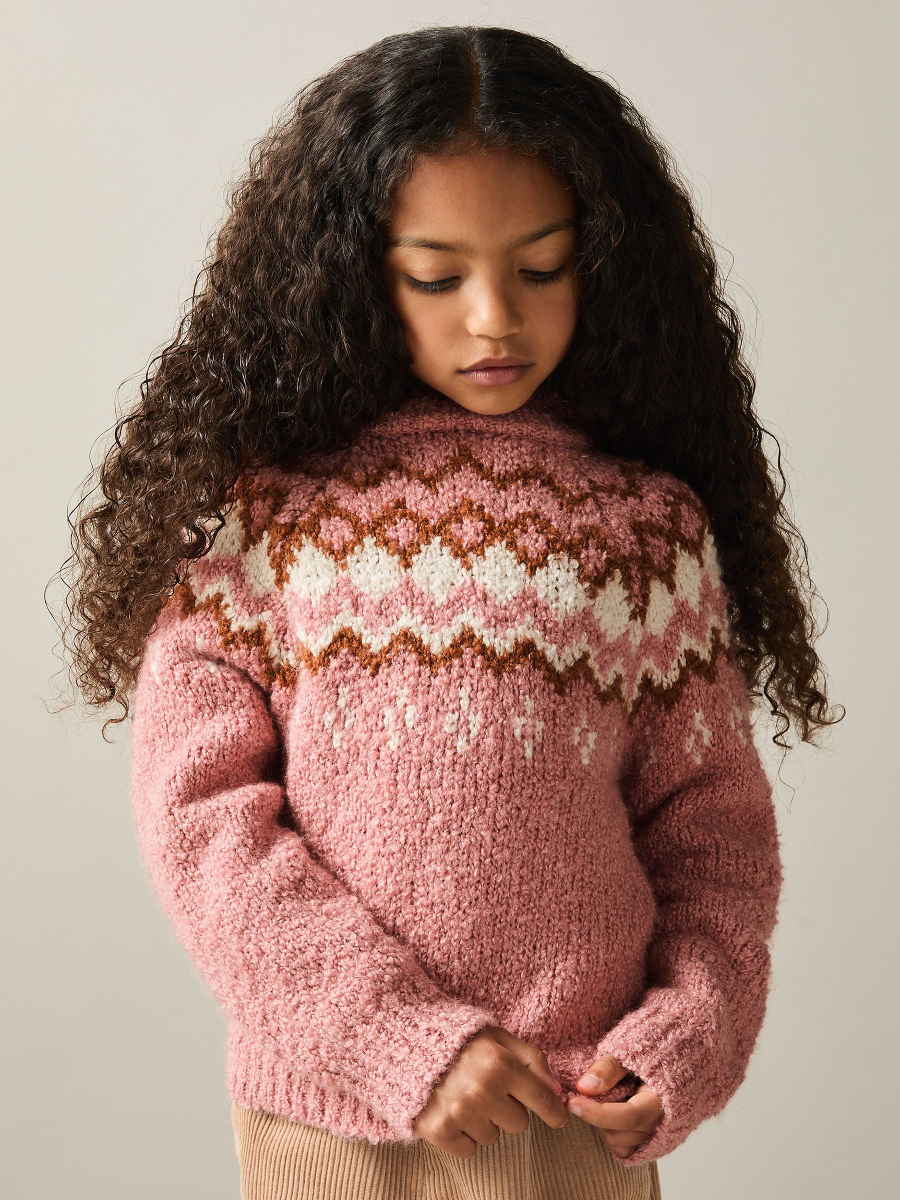 13-14 yrs Cotton-Wool Fair Isle Hoodie in Mink - Image 3 of 4