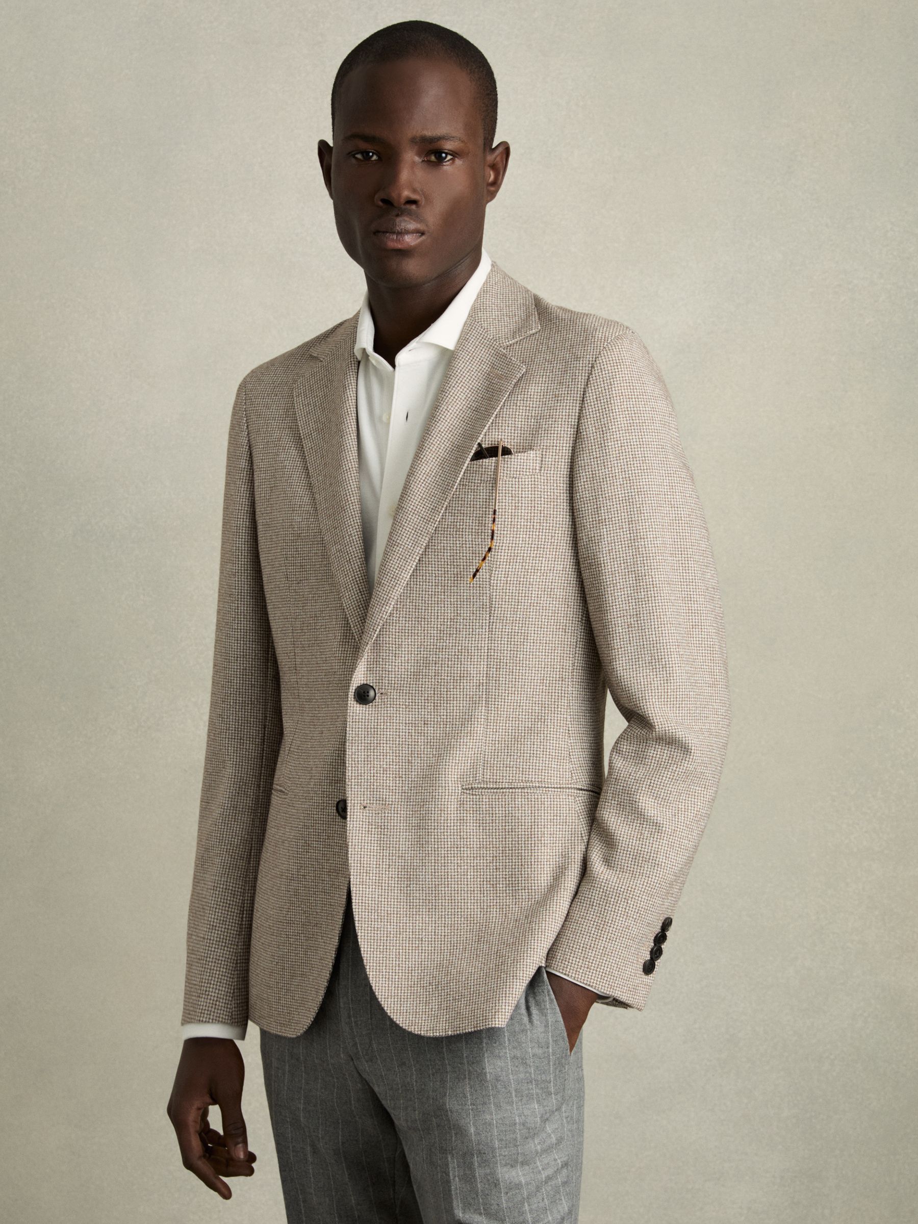 Single-Breasted Blazer with Wool in Puppytooth Check in Taupe/Off White - Image 1 of 10