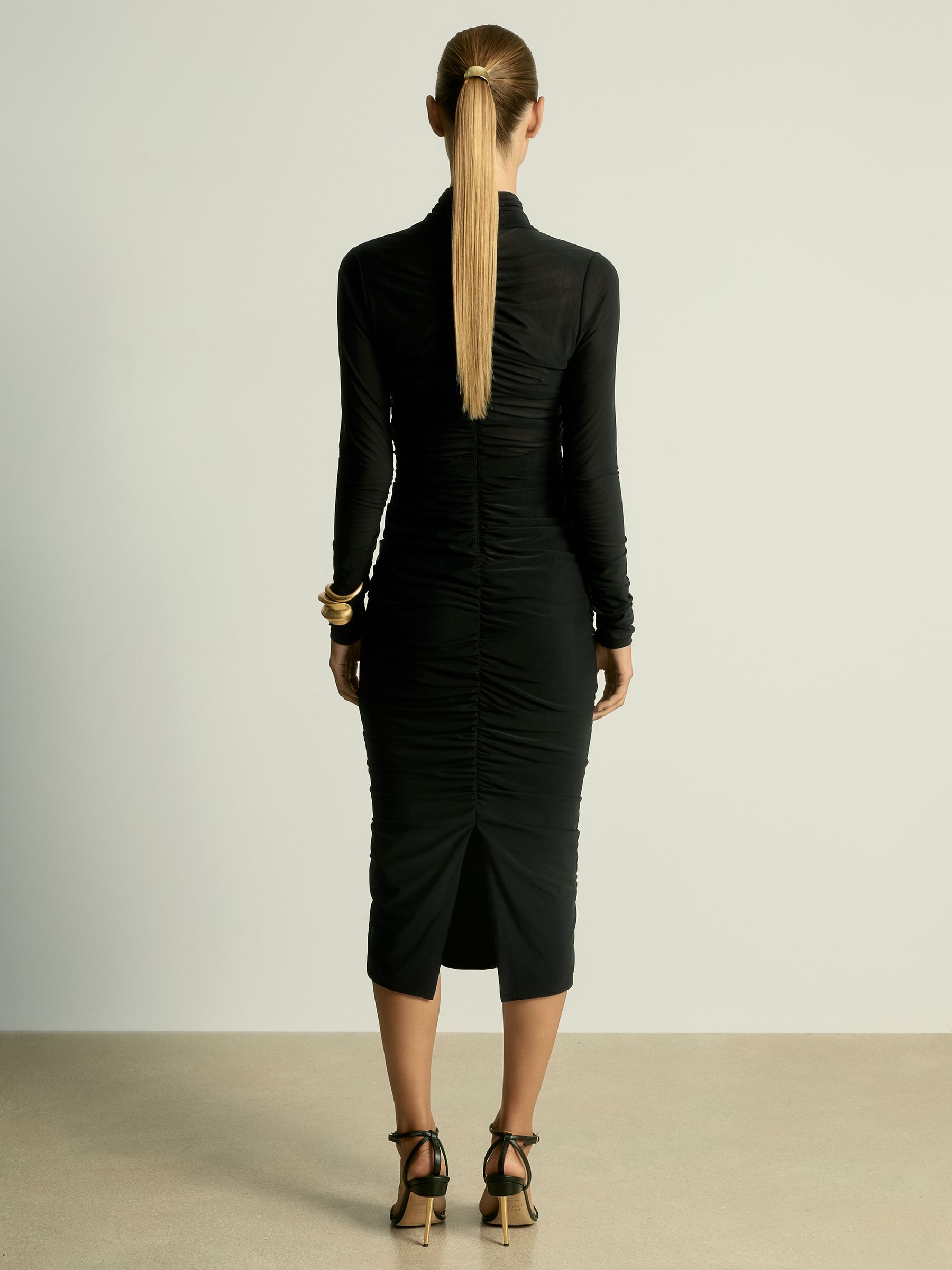 Reiss Ruched Bodycon Midi Dress in Black | REISS Reiss Ruched Bodycon Midi Dress in Black | REISS