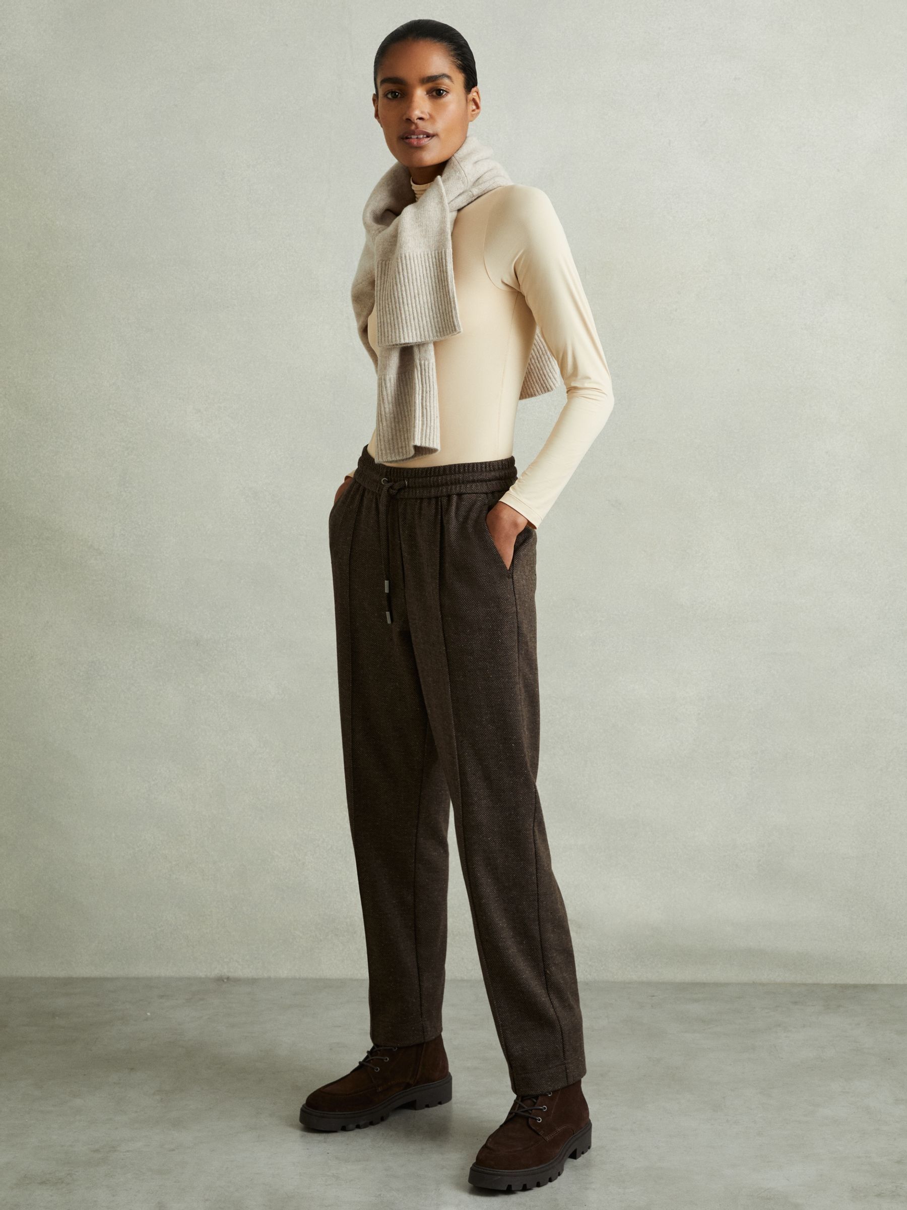 Marled Cotton Blend Drawstring Tapered Trousers in Chocolate - Image 1 of 6