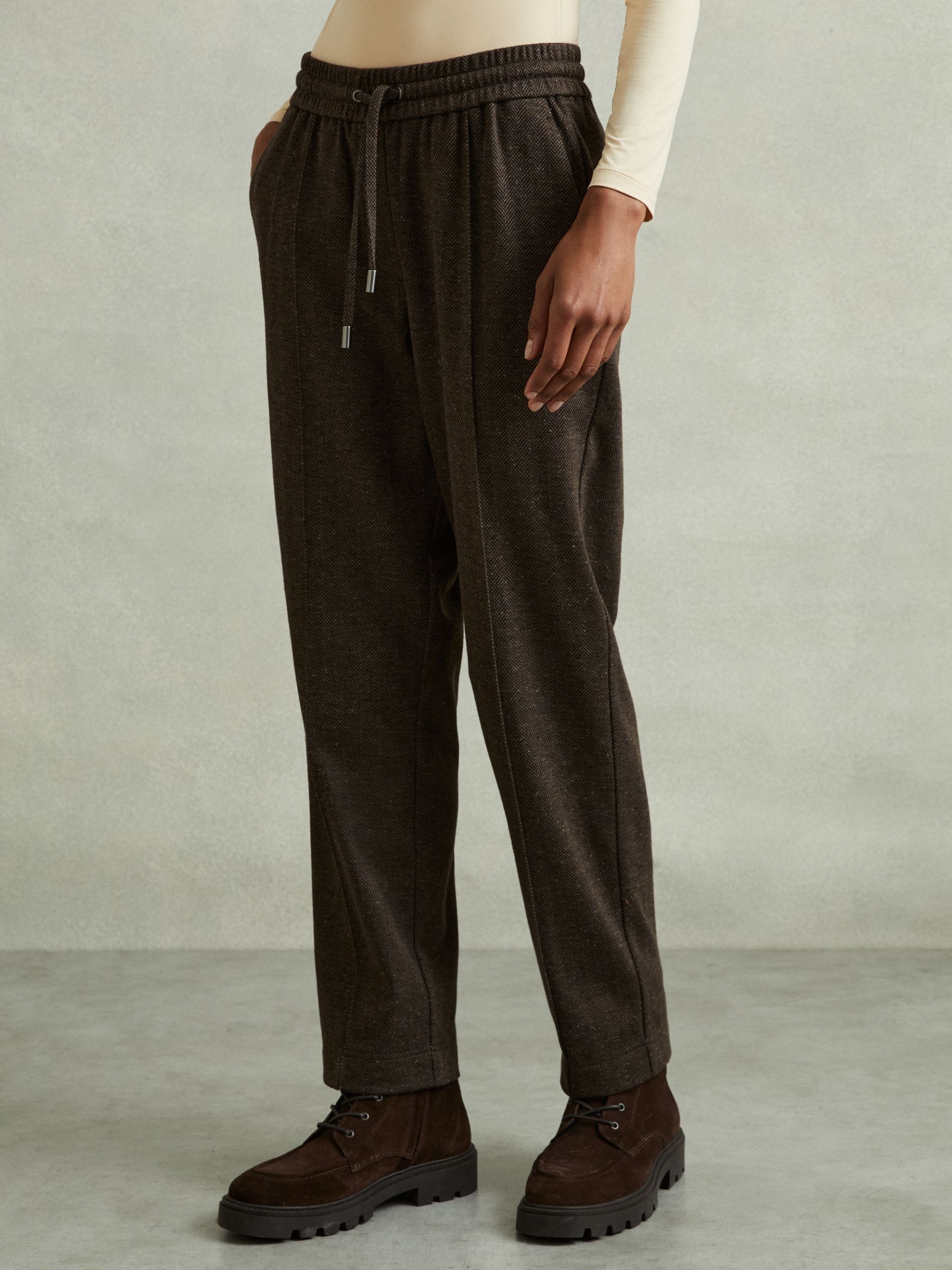 Marled Cotton Blend Drawstring Tapered Trousers in Chocolate - Image 3 of 6