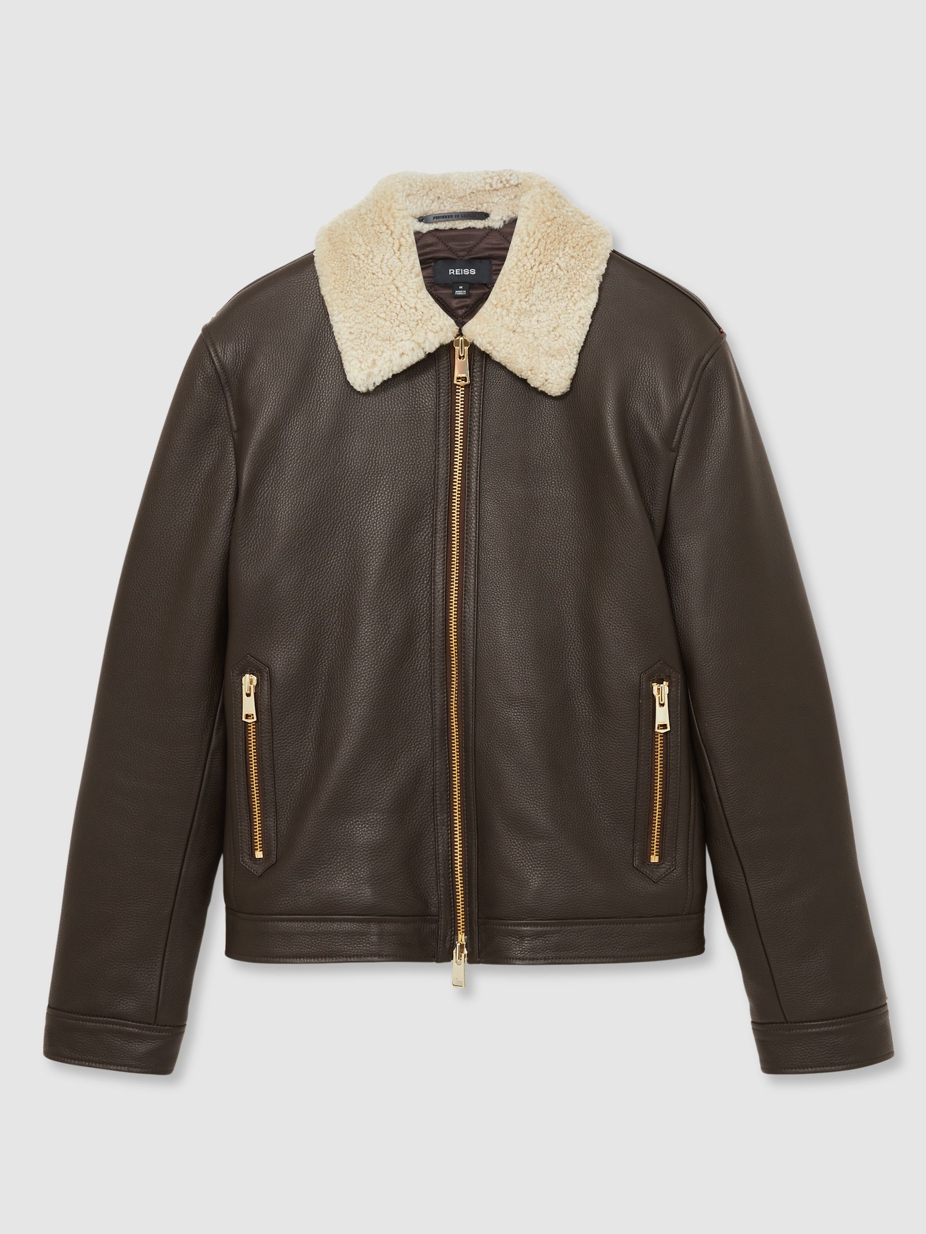 Shearling-Collar Leather Jacket in Dark Brown - Image 2 of 7