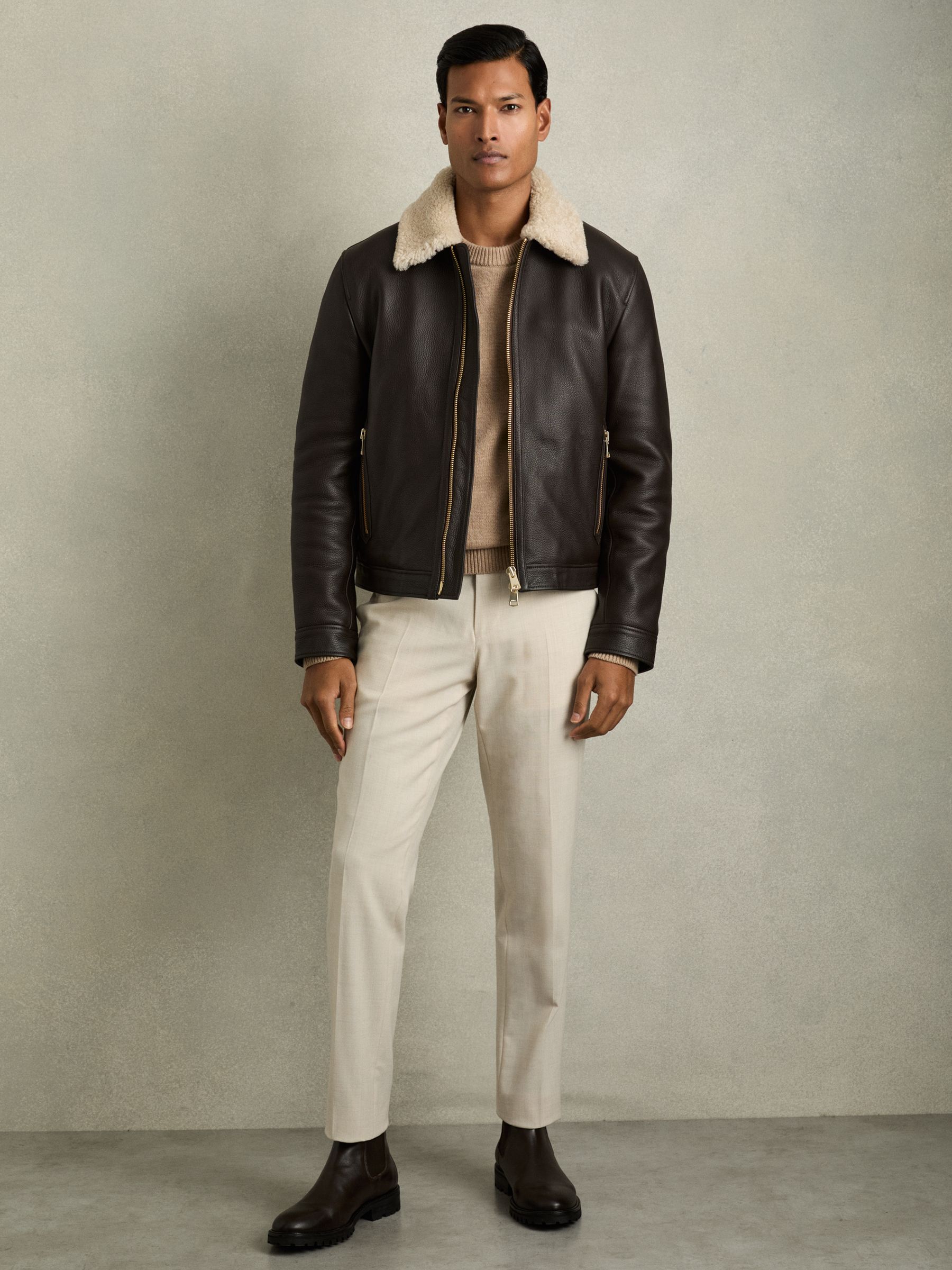 Shearling-Collar Leather Jacket in Dark Brown - Image 3 of 7