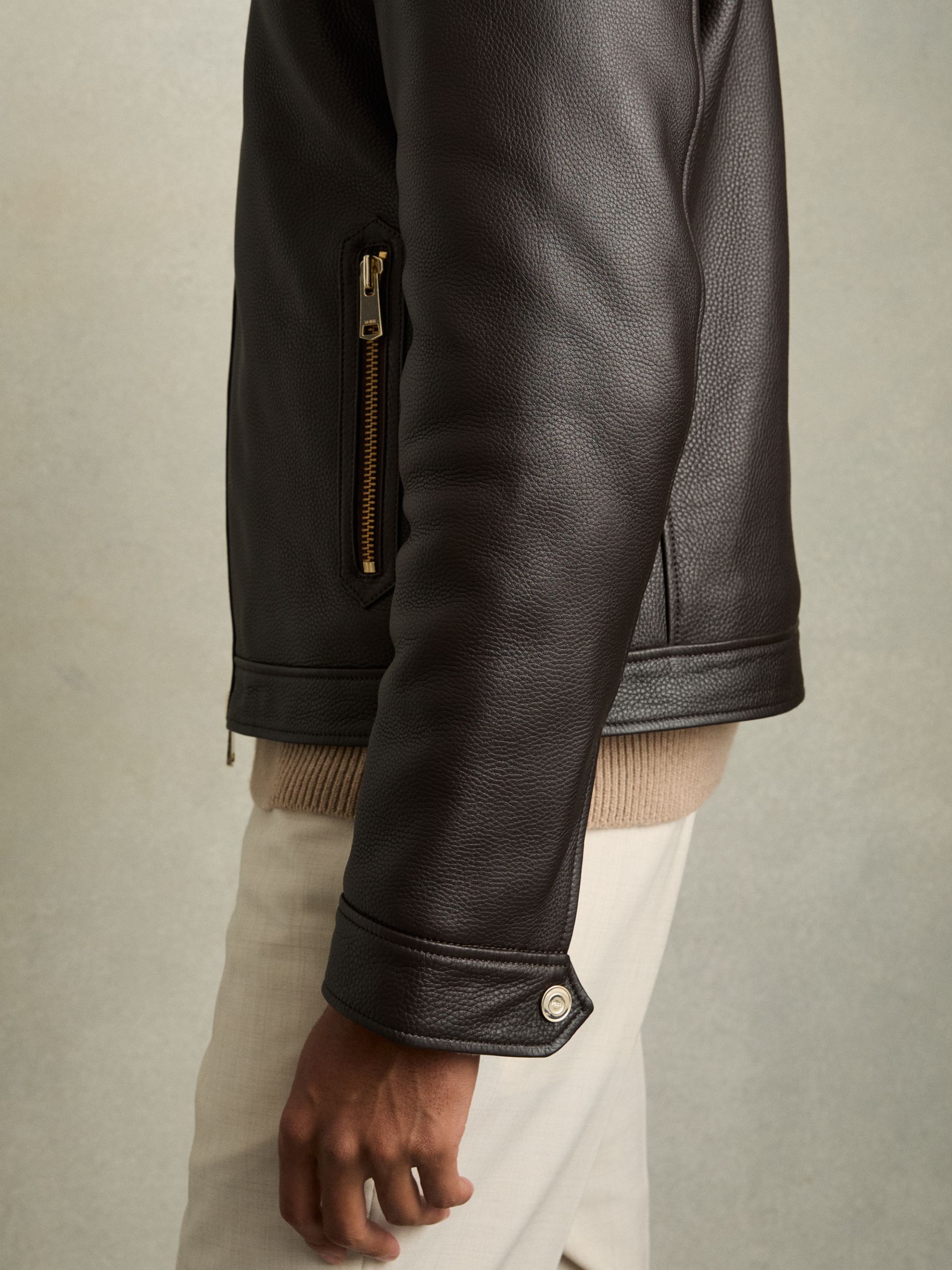 Shearling-Collar Leather Jacket in Dark Brown - Image 4 of 7