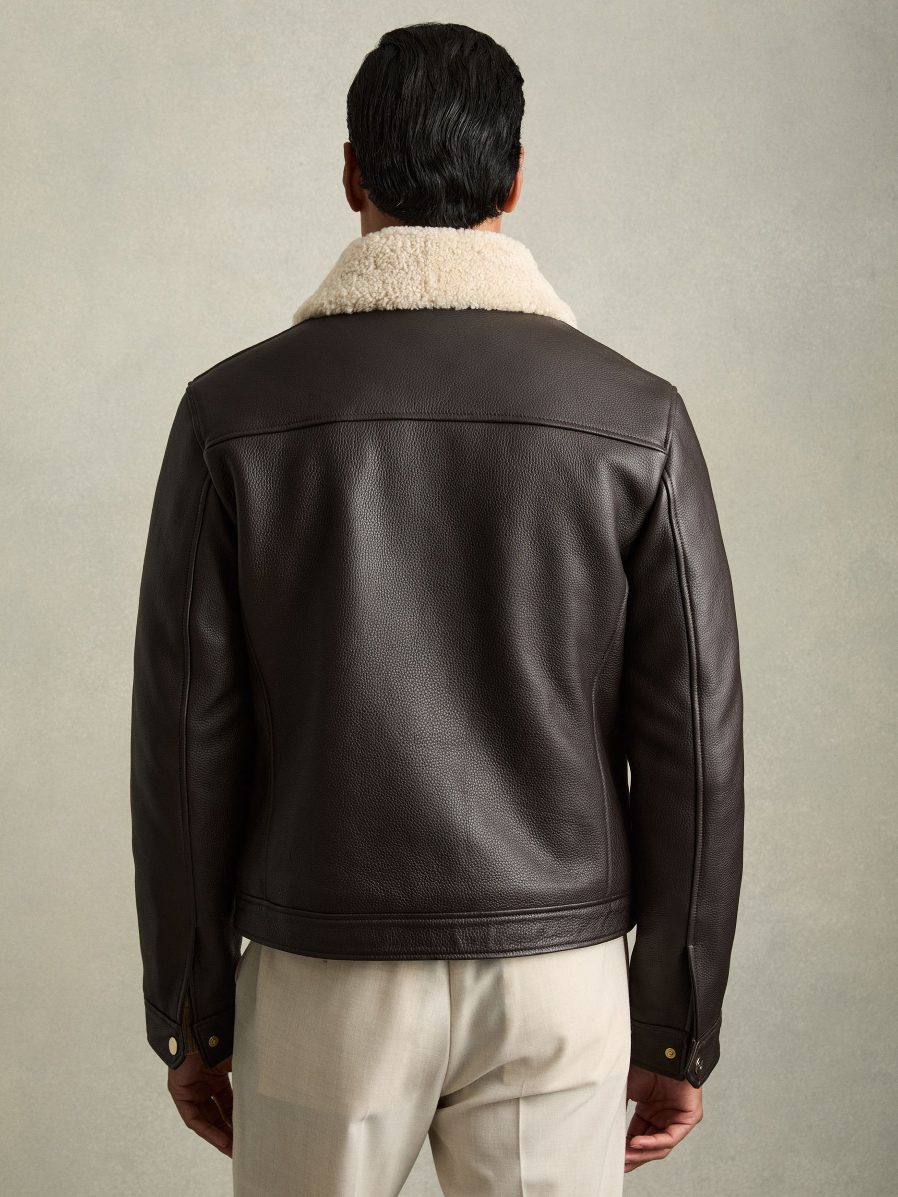 Shearling-Collar Leather Jacket in Dark Brown - Image 5 of 7
