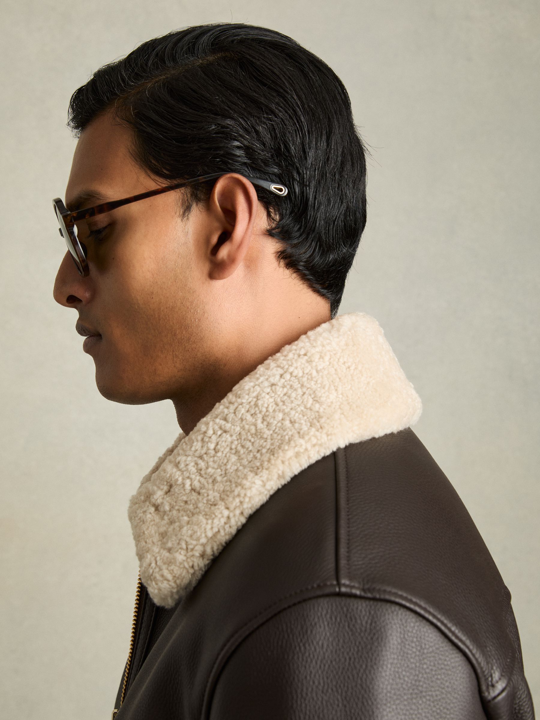 Shearling-Collar Leather Jacket in Dark Brown - Image 6 of 7