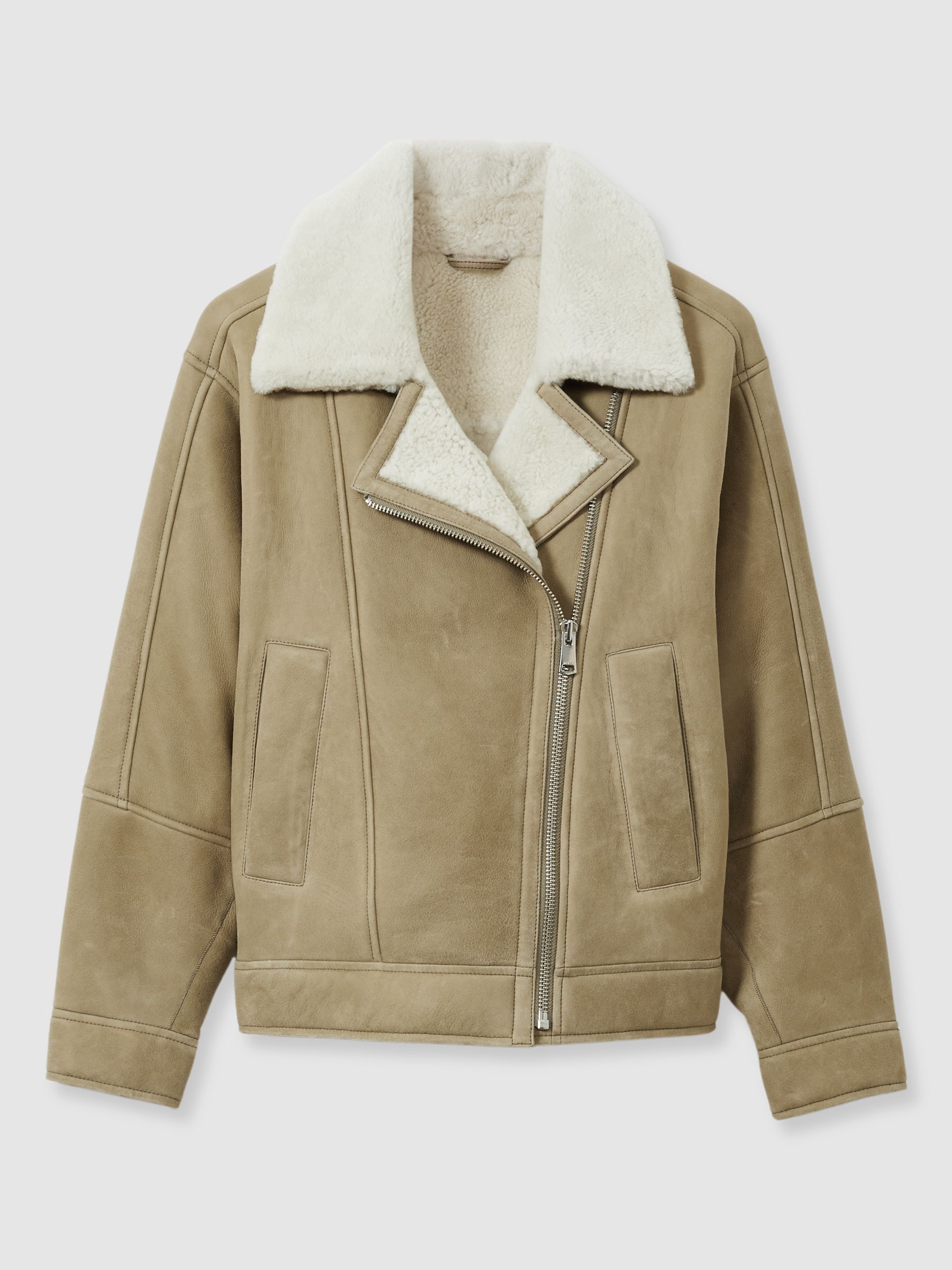 Shearling-Lined Leather Aviator Jacket in Light Green - Image 2 of 7