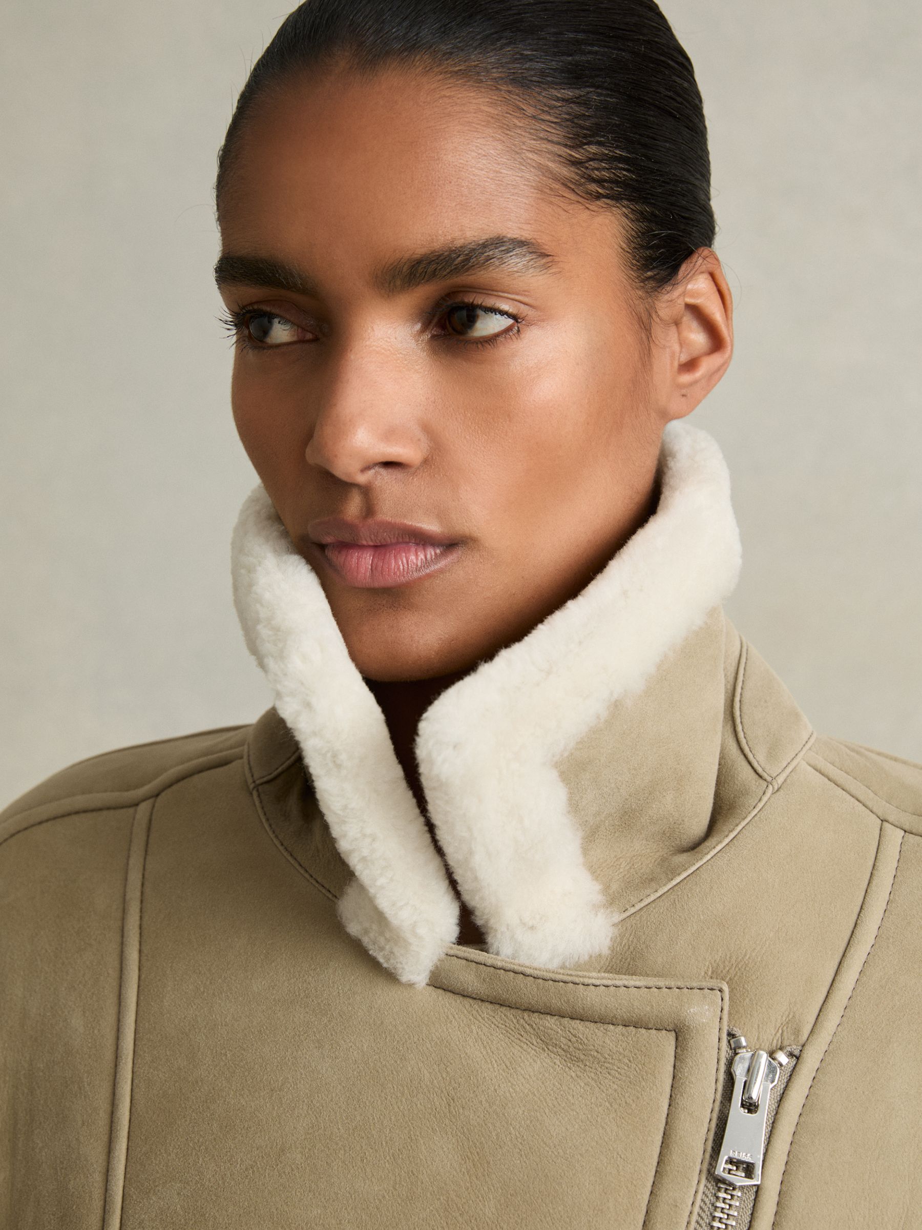 Shearling-Lined Leather Aviator Jacket in Light Green - image 4