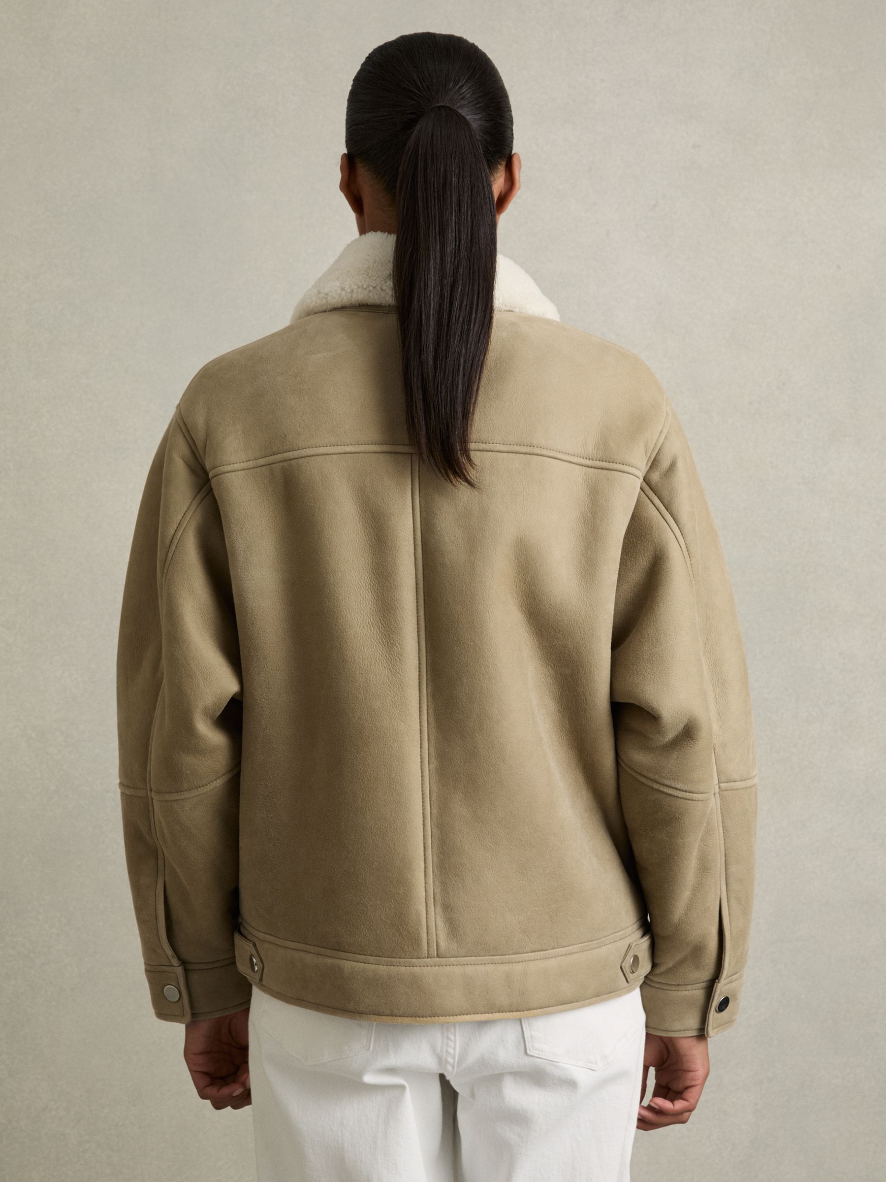 Shearling-Lined Leather Aviator Jacket in Light Green - Image 5 of 7