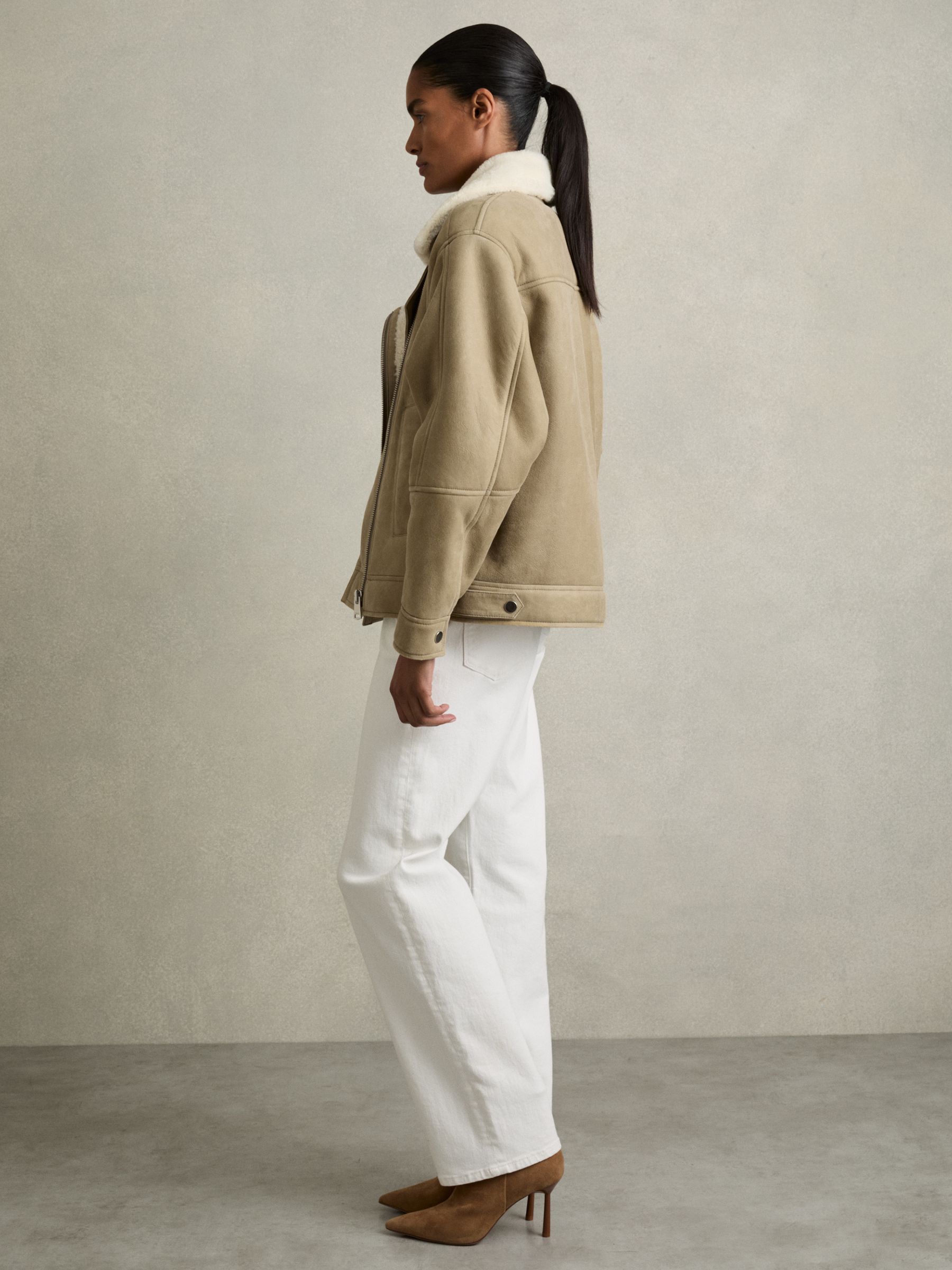 Shearling-Lined Leather Aviator Jacket in Light Green - Image 6 of 7