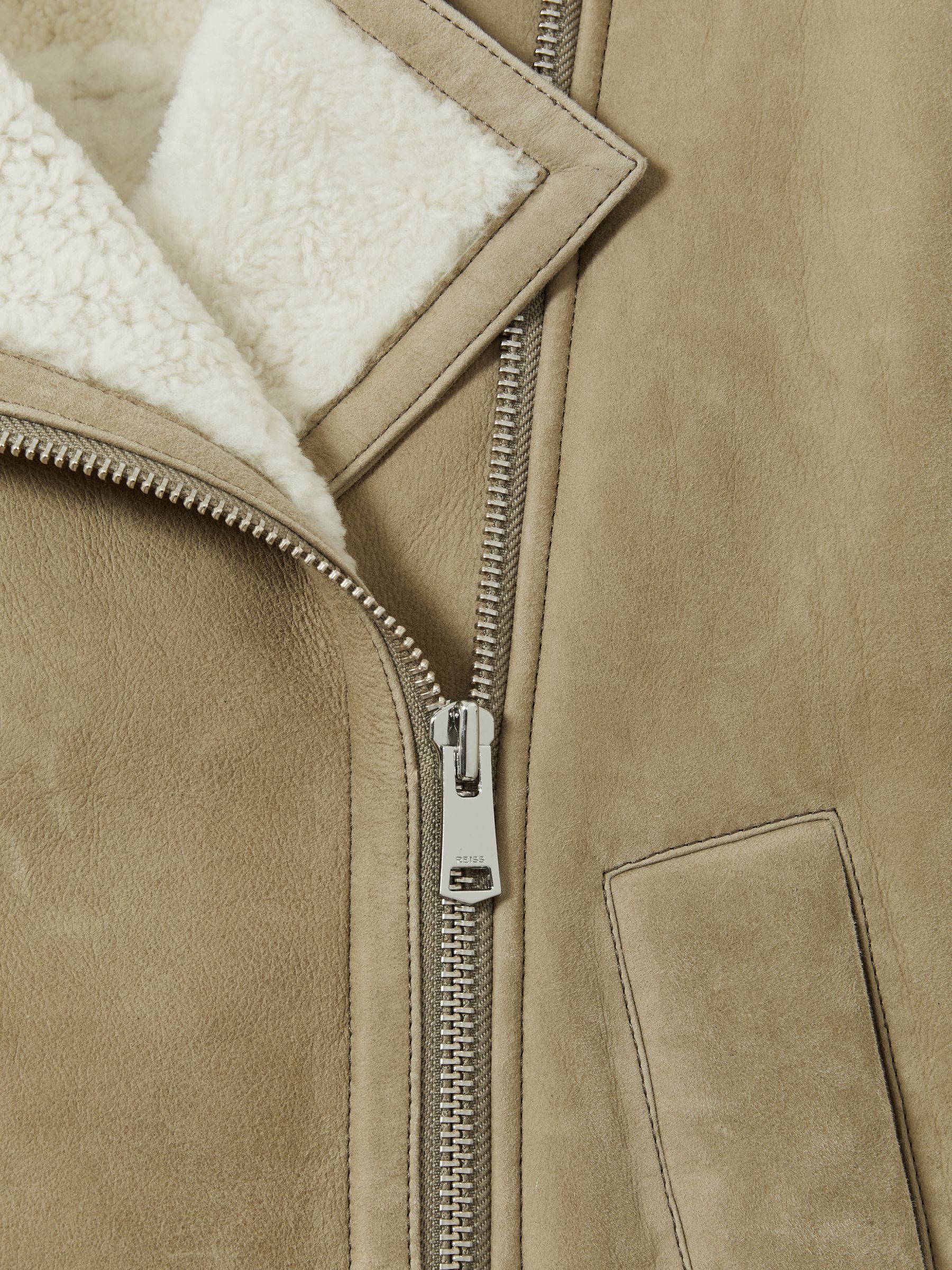 Shearling-Lined Leather Aviator Jacket in Light Green - Image 7 of 7
