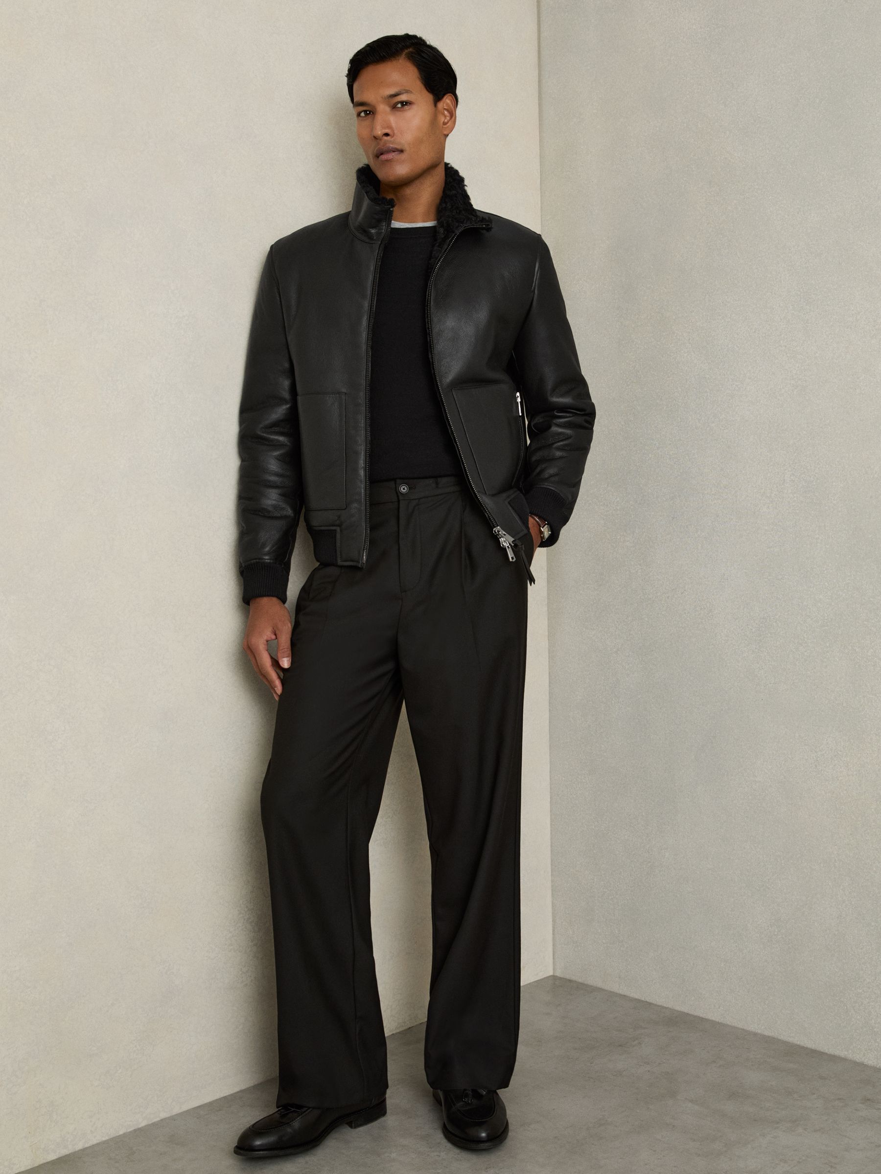 Shearling Lined Leather Jacket in Black - Image 3 of 6