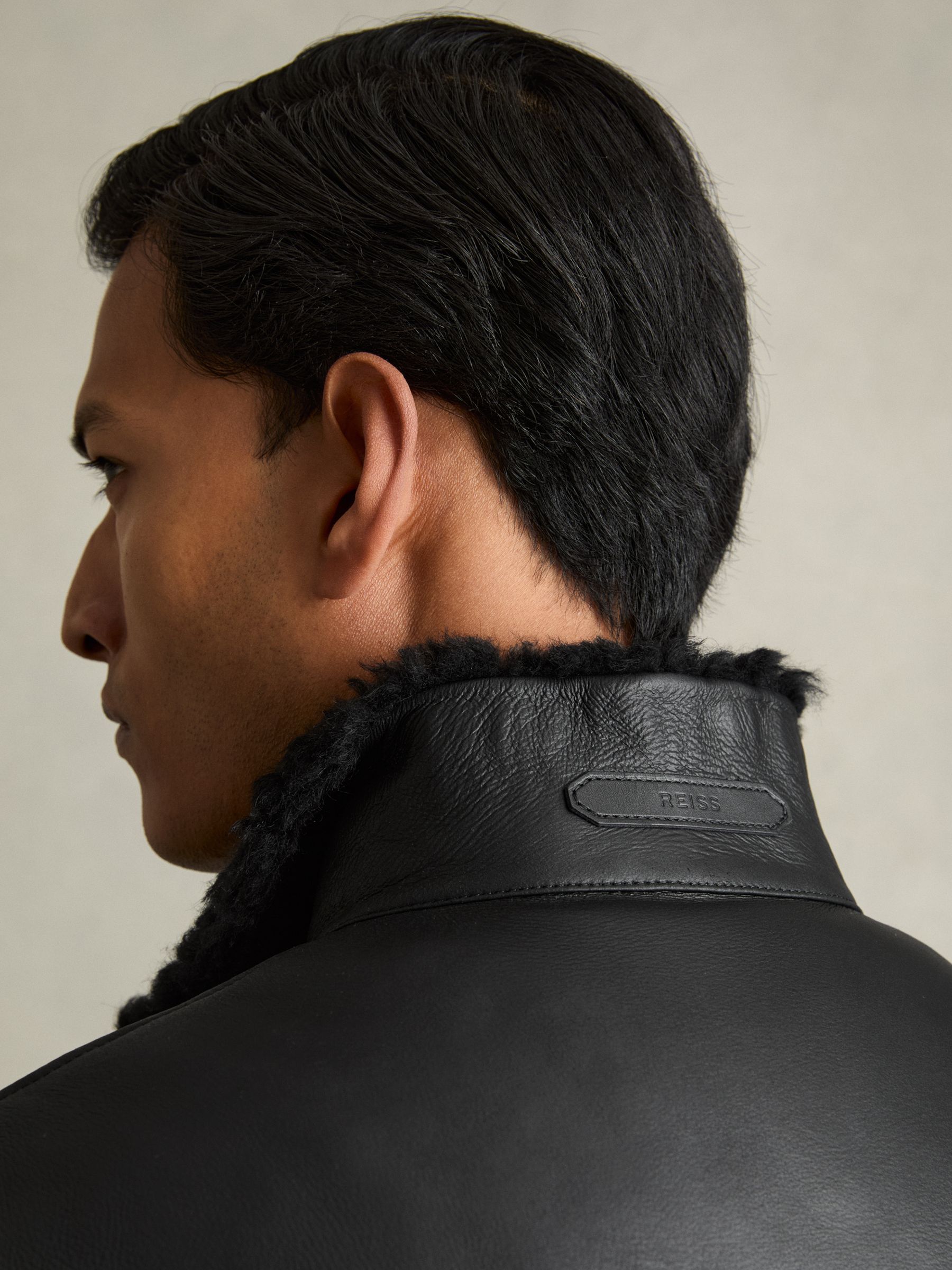 Shearling Lined Leather Jacket in Black - Image 4 of 6