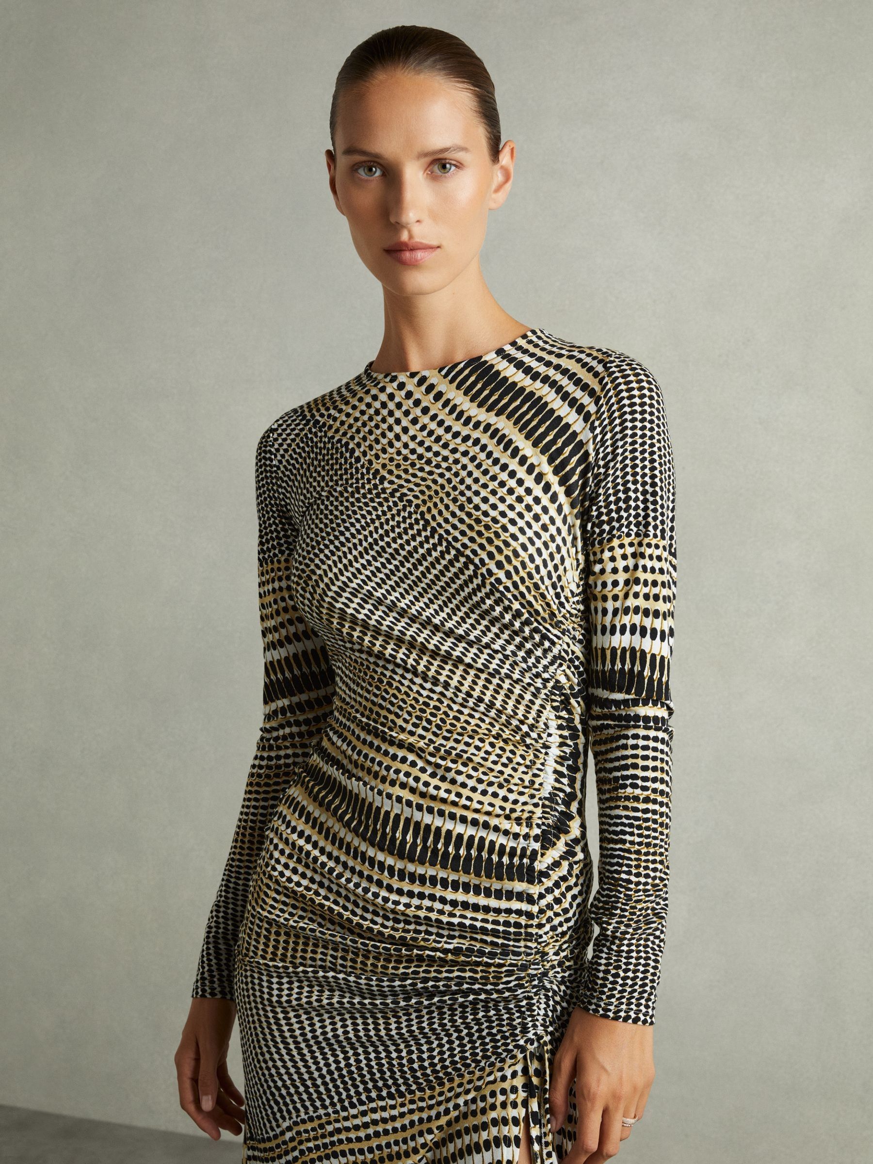 Petite Printed Ruched Midi Dress in Black/Olive - Image 4 of 8