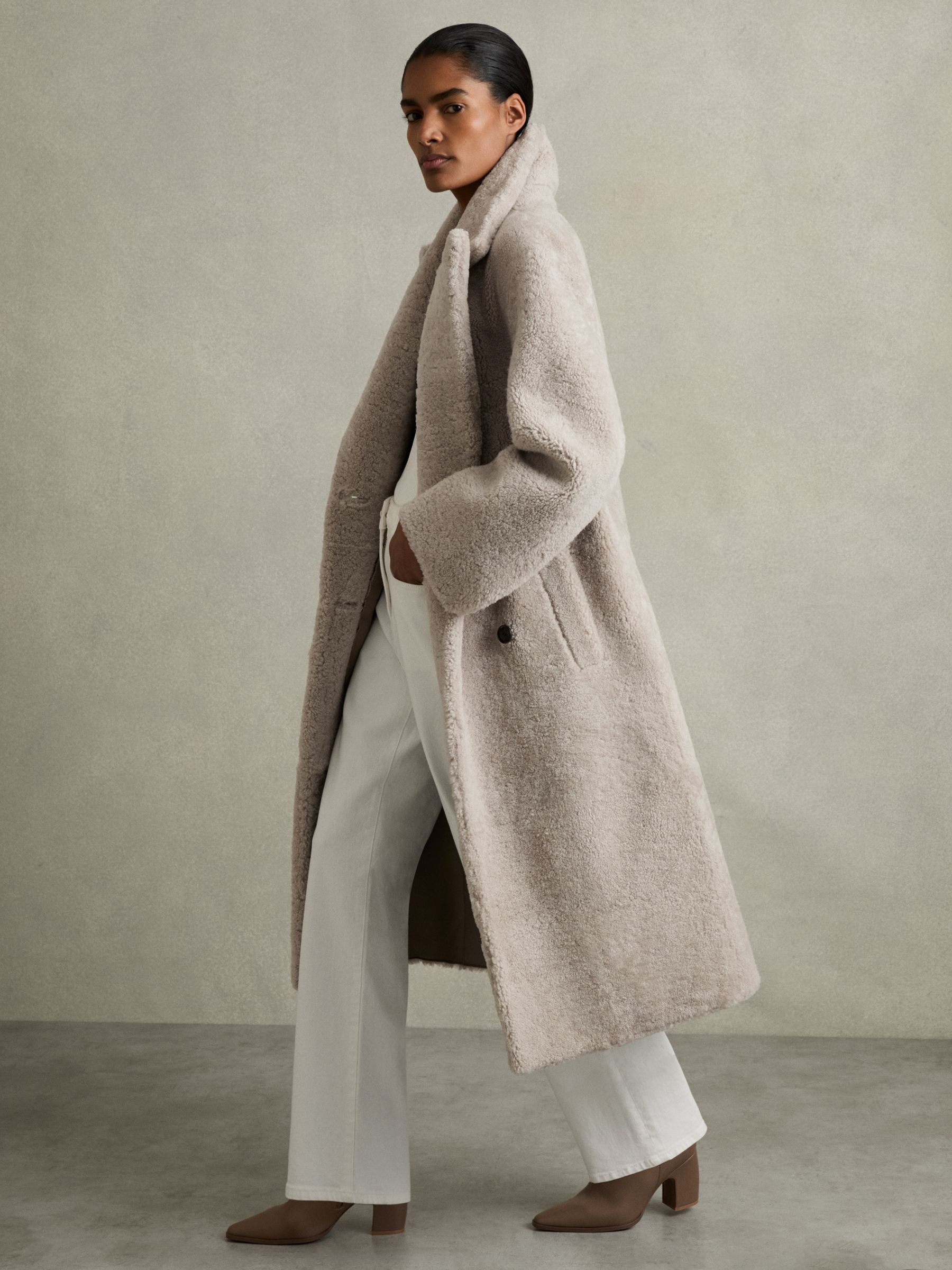 Double Breasted Long Shearling Coat in Neutral - Image 1 of 6