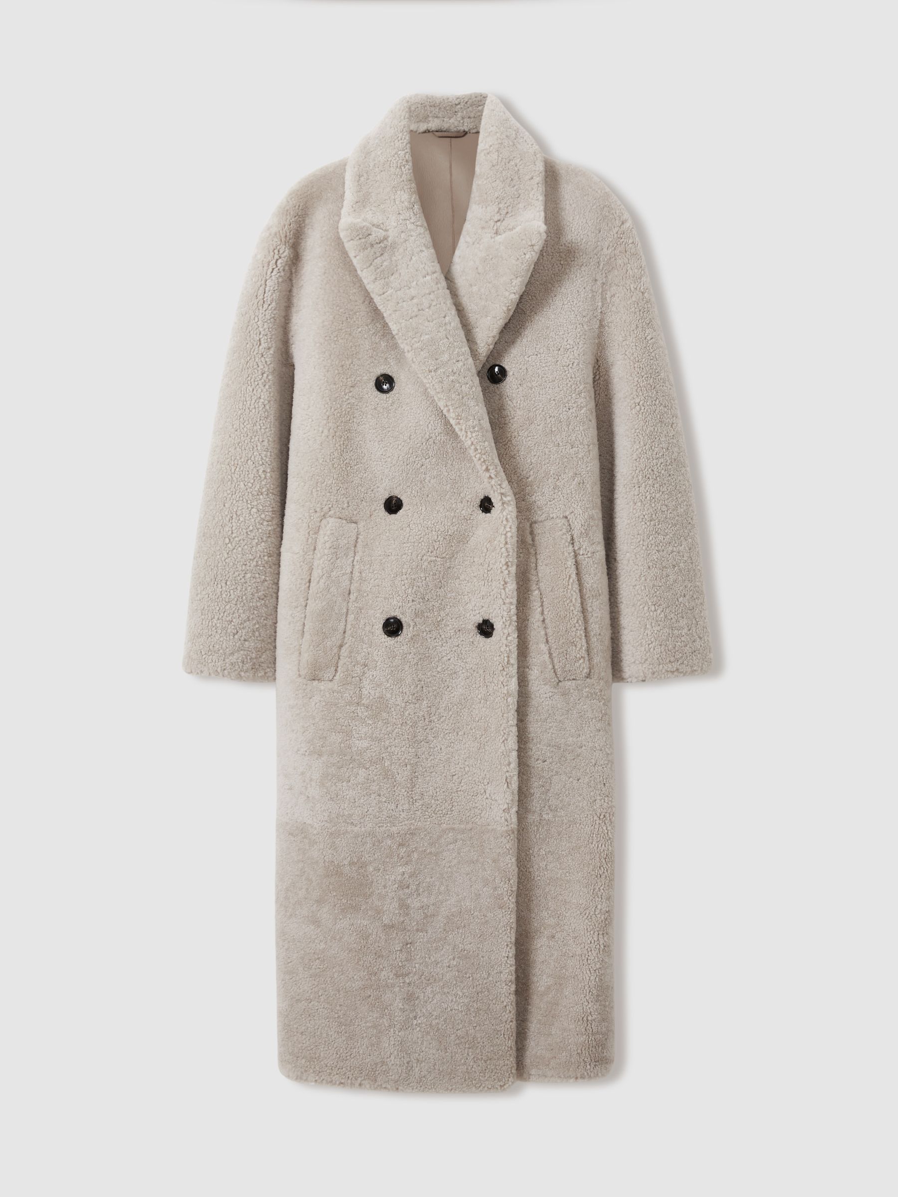 Reiss Double Breasted Long Shearling Coat in Neutral | REISS