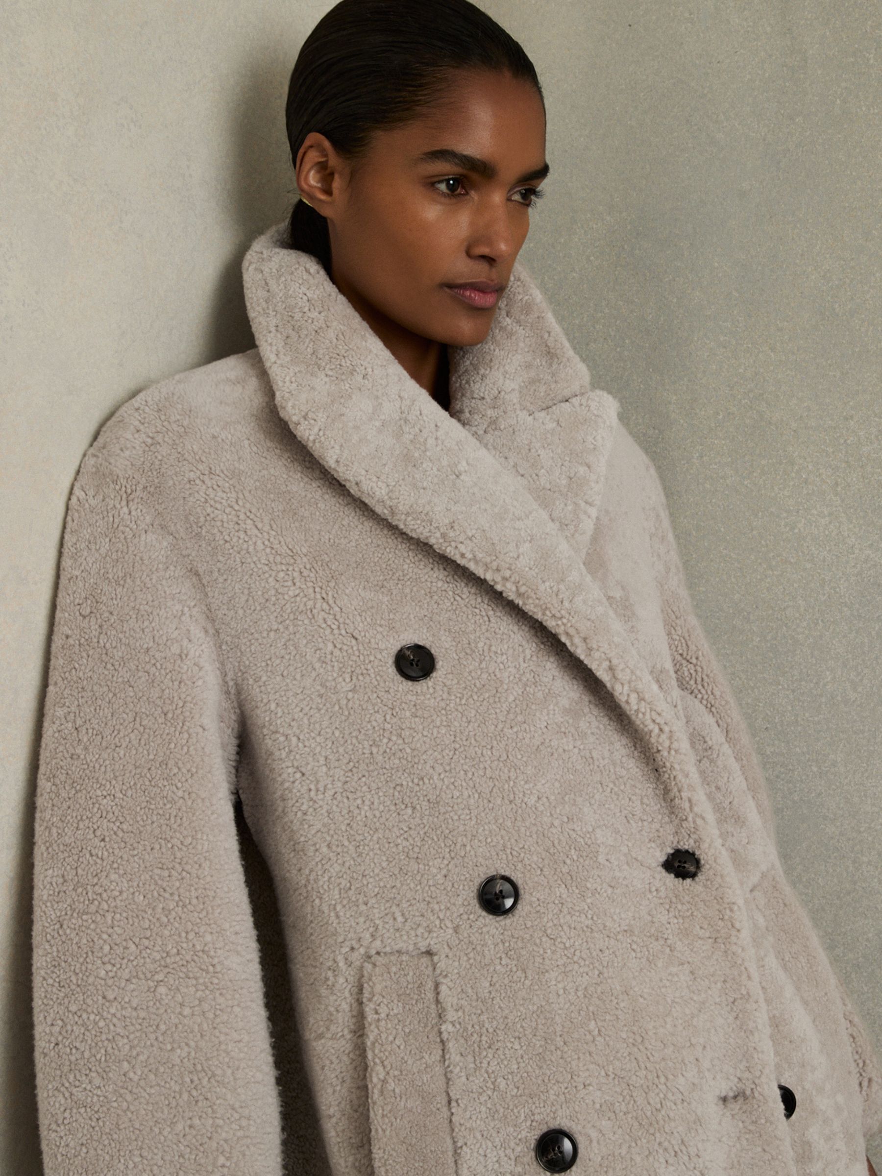 Double Breasted Long Shearling Coat in Neutral - Image 3 of 6