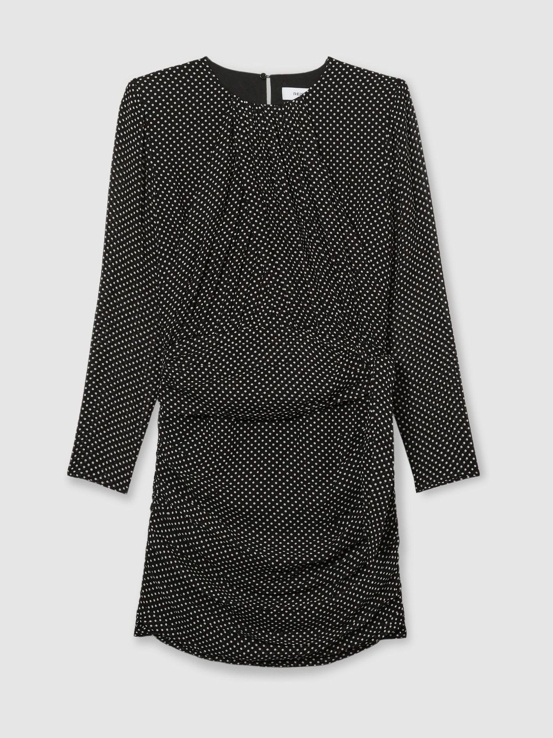 Gathered Polka-Dot Georgette Mini Dress in Black - Image 2 of 6