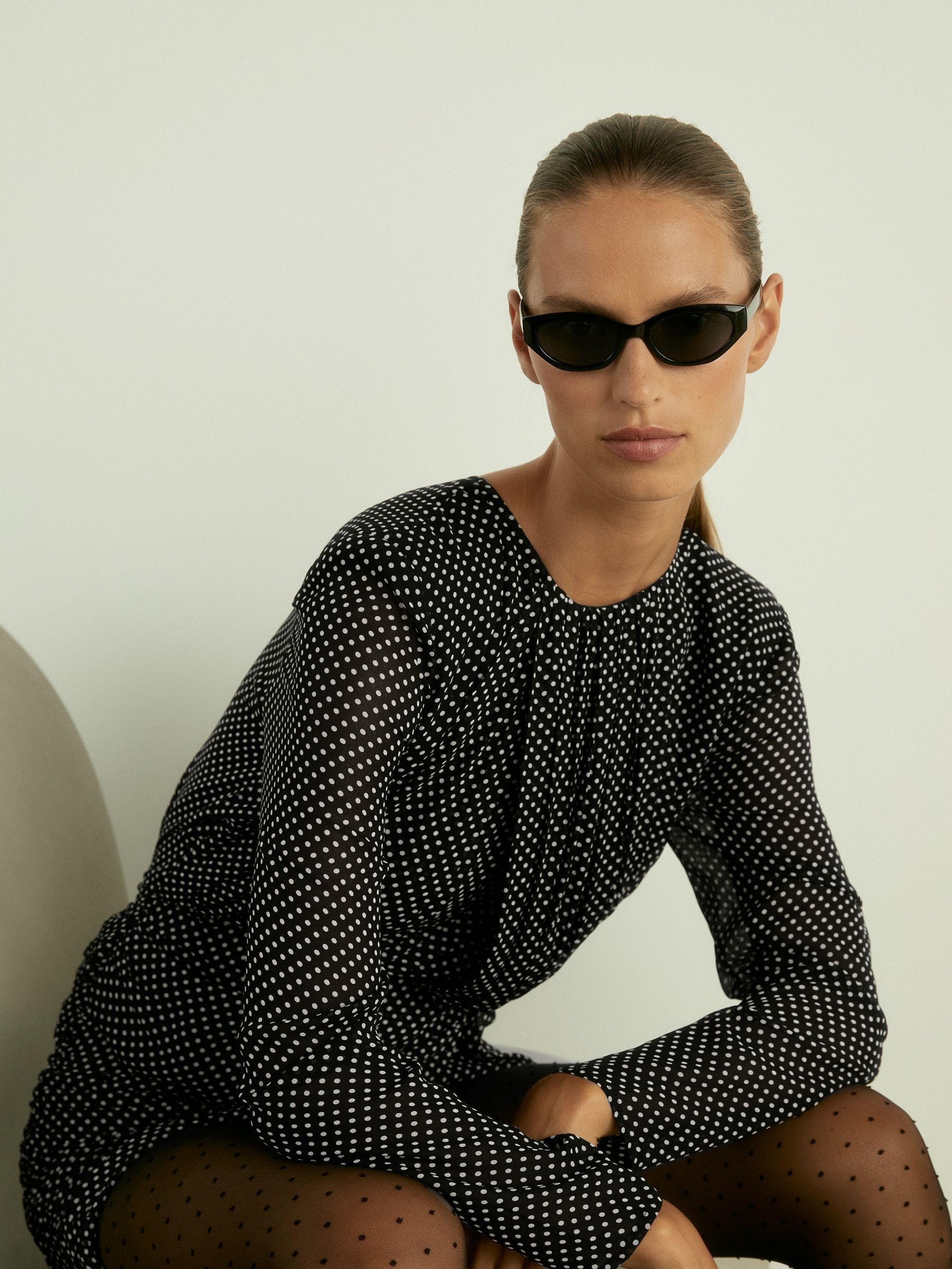Gathered Polka-Dot Georgette Mini Dress in Black - Image 3 of 6