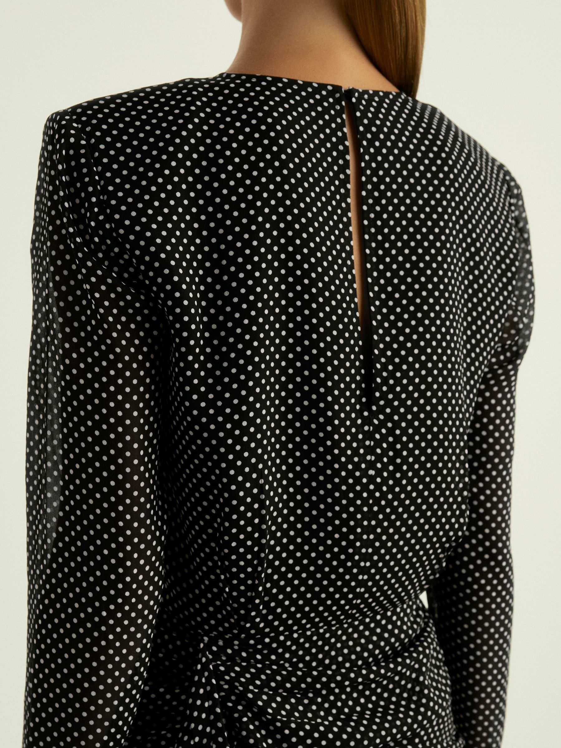 Gathered Polka-Dot Georgette Mini Dress in Black - Image 4 of 6