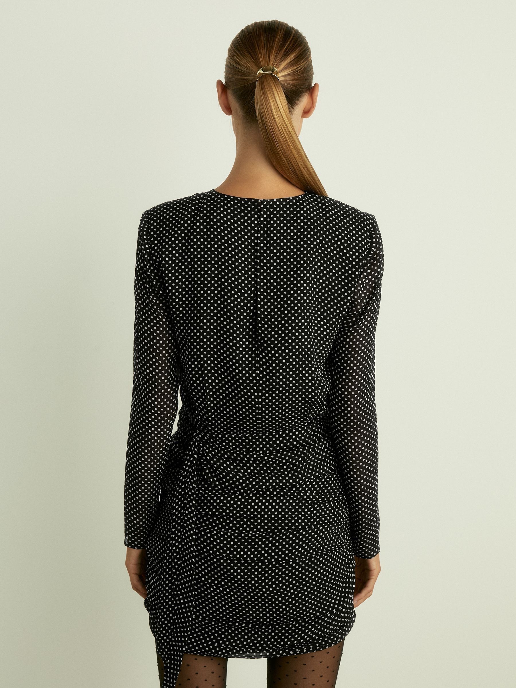 Gathered Polka-Dot Georgette Mini Dress in Black - Image 5 of 6