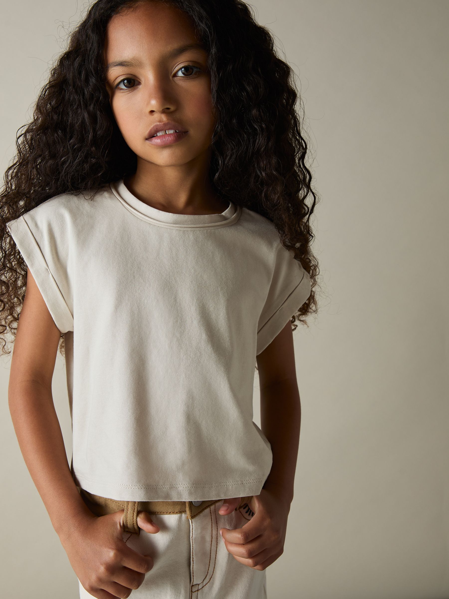 13-14 yrs Cotton-Jersey Cropped T-Shirt in Taupe - Image 3 of 4