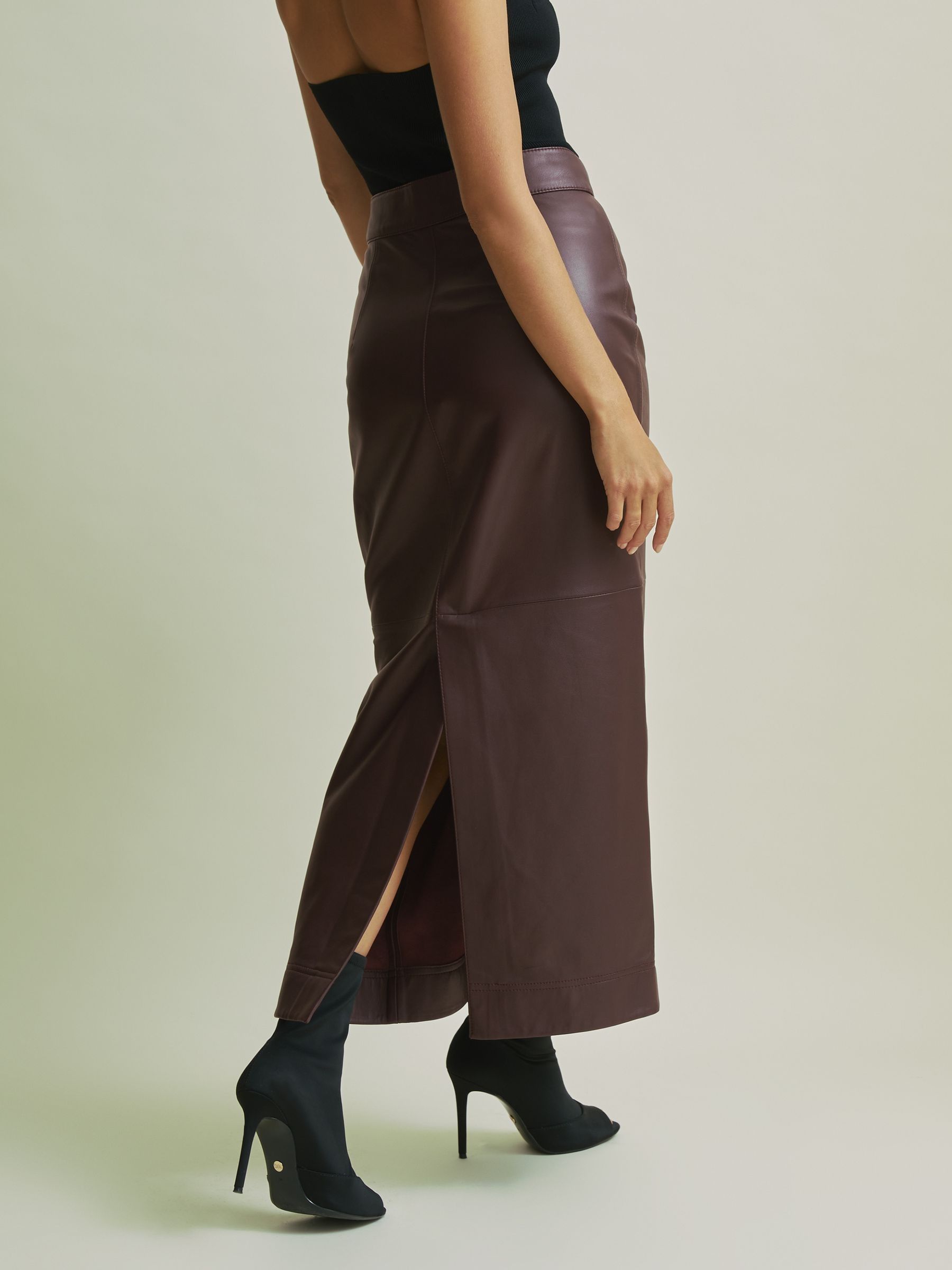Florere Leather Pencil Midi Skirt in Berry - Image 4 of 7