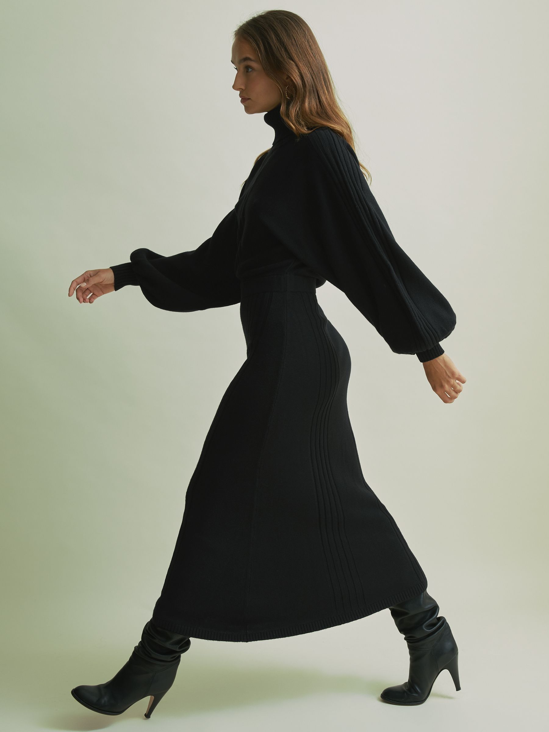 Florere Wool Blend Roll Neck Midi Dress in Black - Image 4 of 7