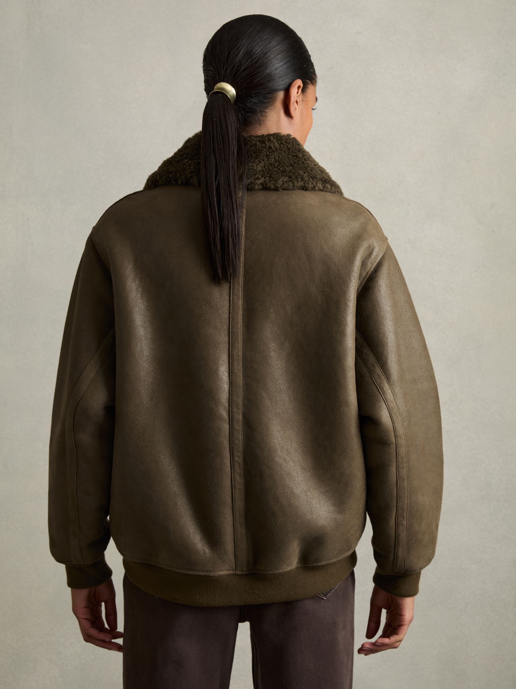 Shearling Aviator Jacket in Dark Khaki - Image 6 of 8