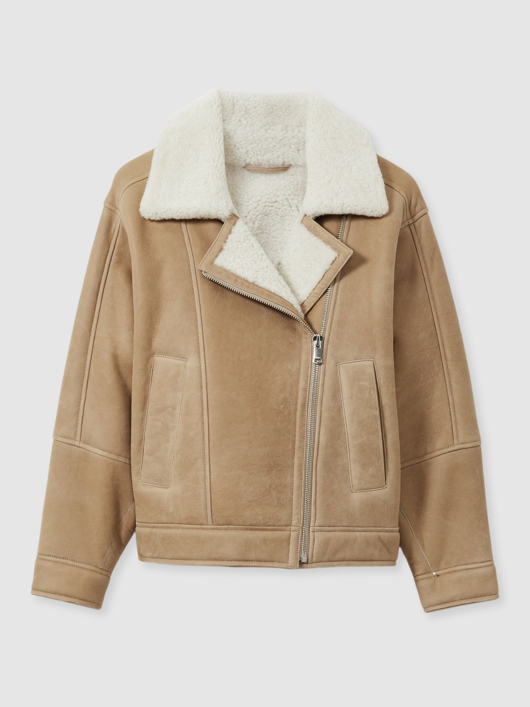Shearling-Lined Leather Aviator Jacket in Neutral - Image 2 of 9