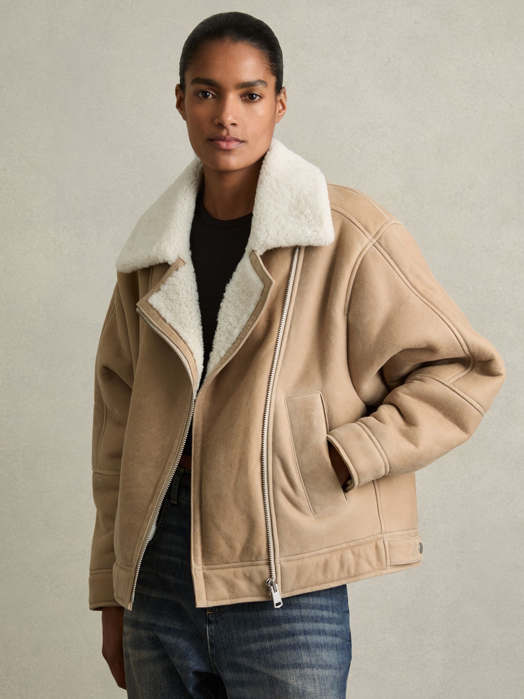 Shearling-Lined Leather Aviator Jacket in Neutral - Image 3 of 9