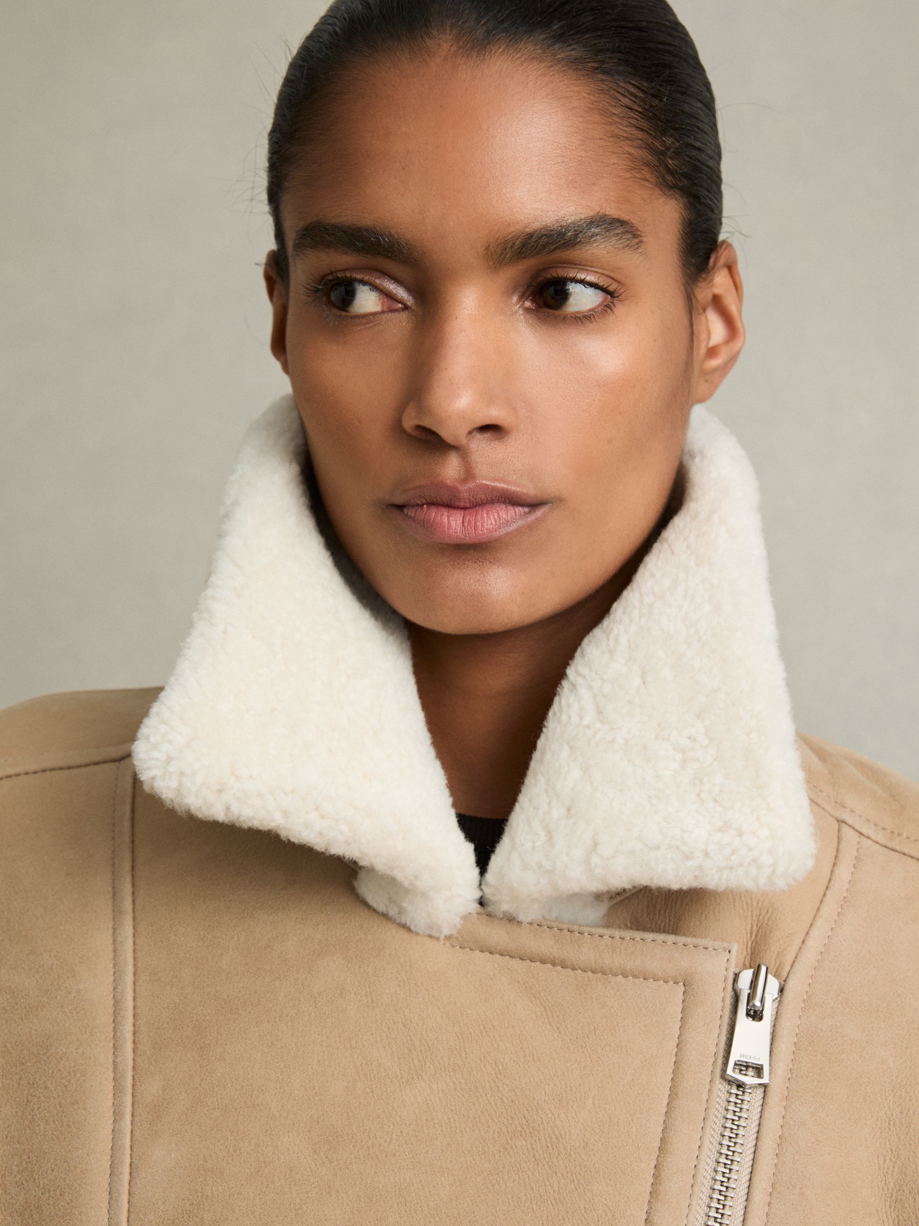 Shearling-Lined Leather Aviator Jacket in Neutral - Image 5 of 9